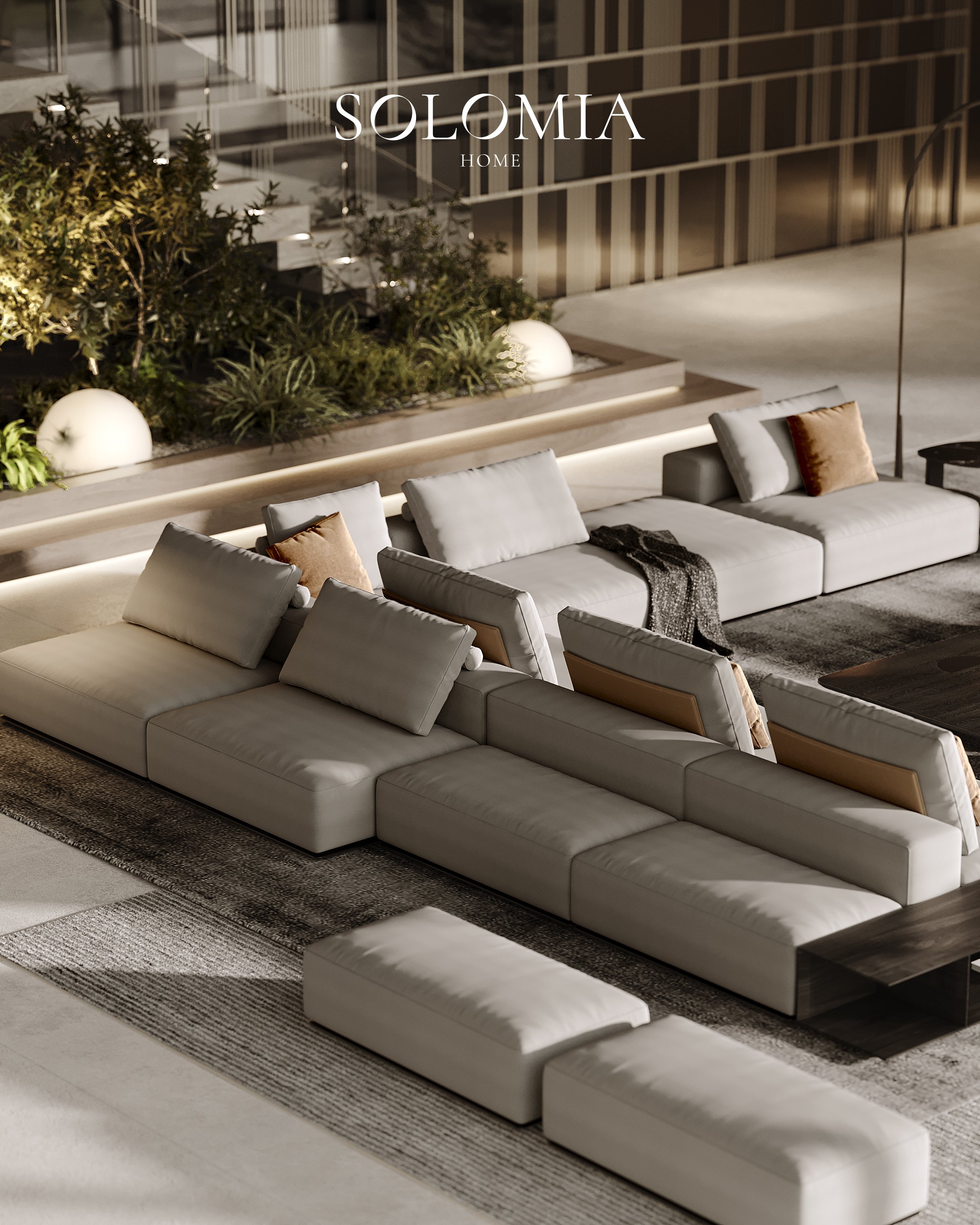 Grey sectional sofa with indoor planting, District One Dubai — luxury interior design Dubai