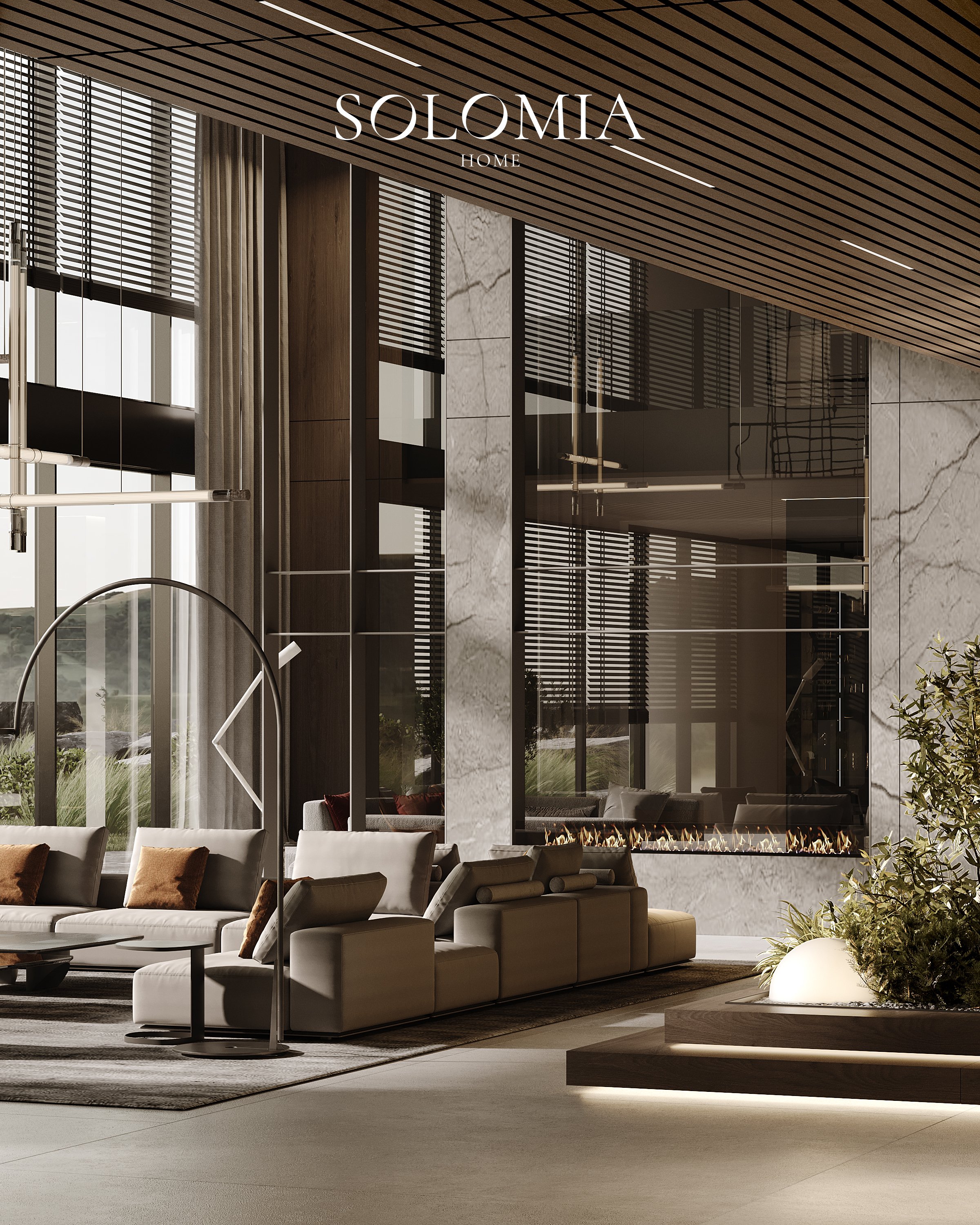 Living room with fireplace and city view, District One Dubai — luxury interior design Dubai