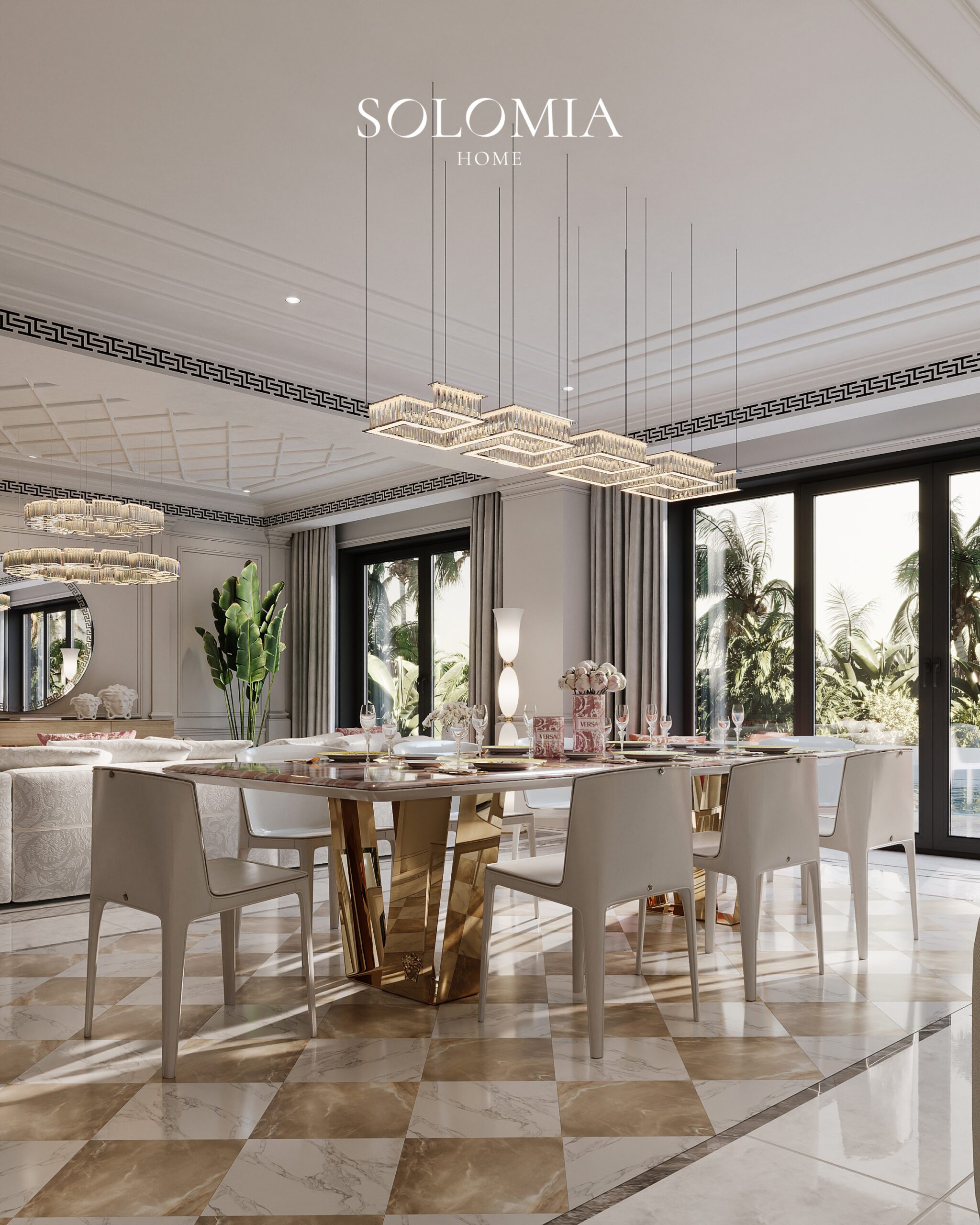 Dining room with Versace chandelier, Apartment Palazzo Versace — luxury interior design Dubai