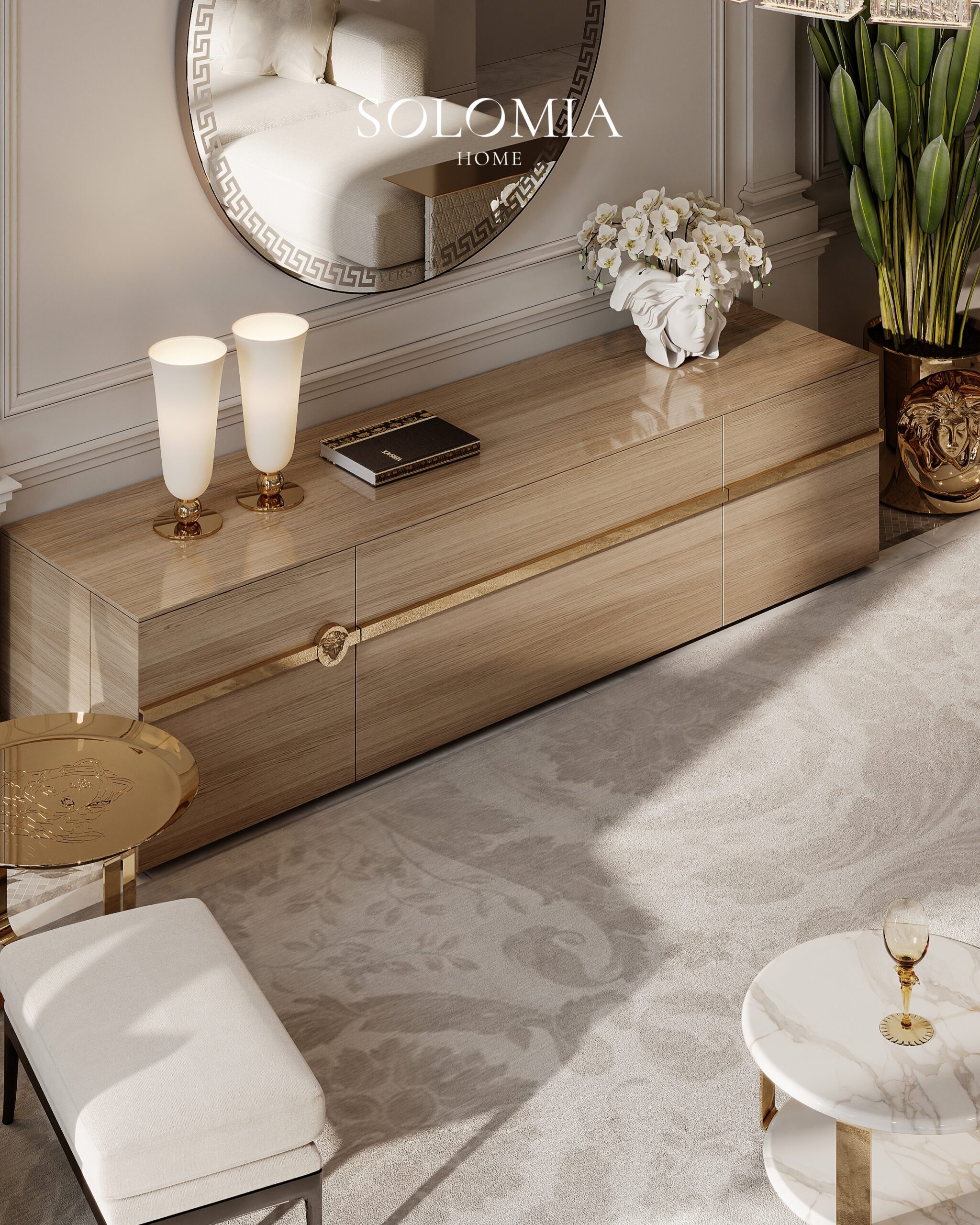 Versace console with lamps and round mirror, Apartment Palazzo Versace — luxury interior design Dubai