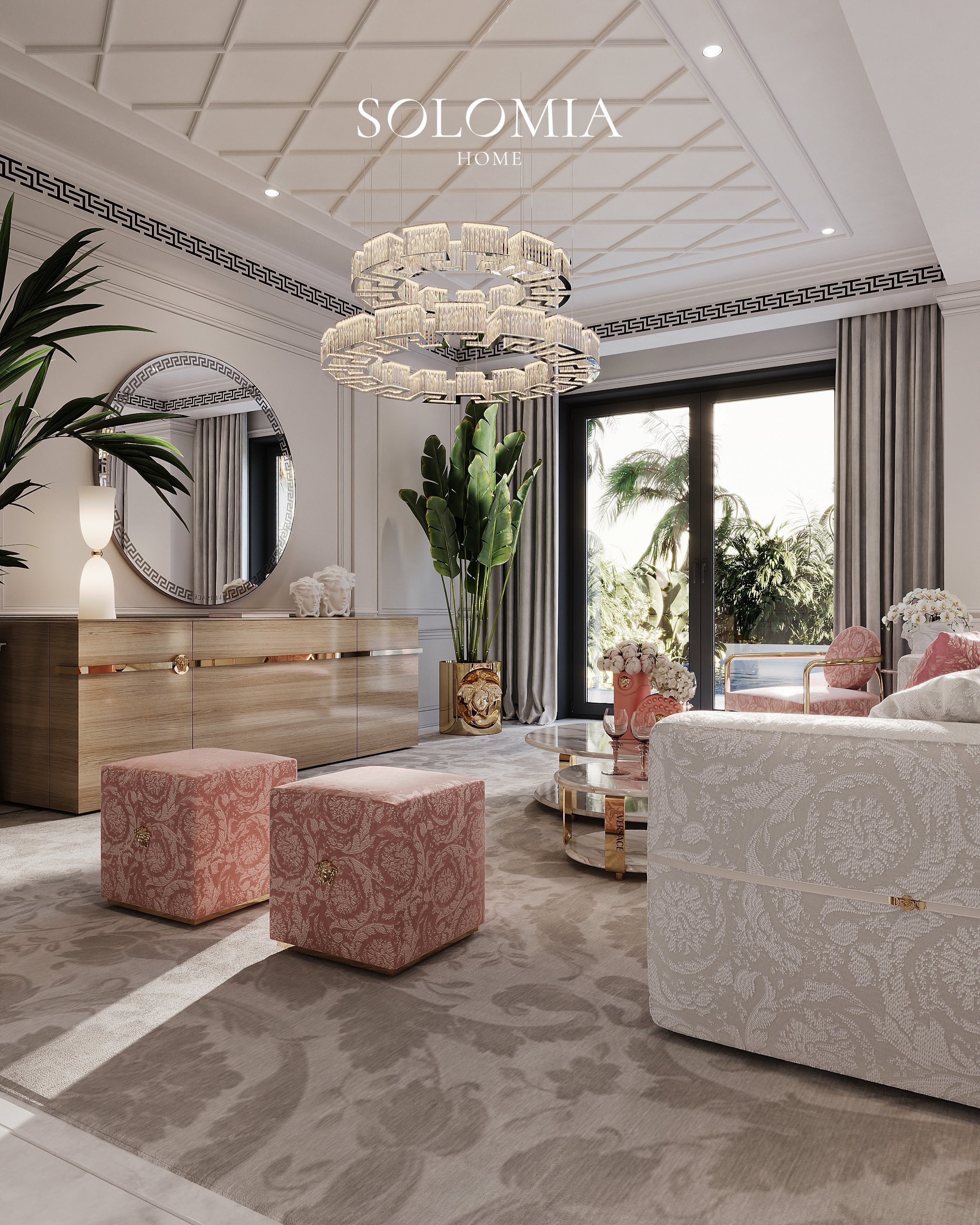 Living room with pink Versace poufs, Apartment Palazzo Versace — luxury interior design Dubai