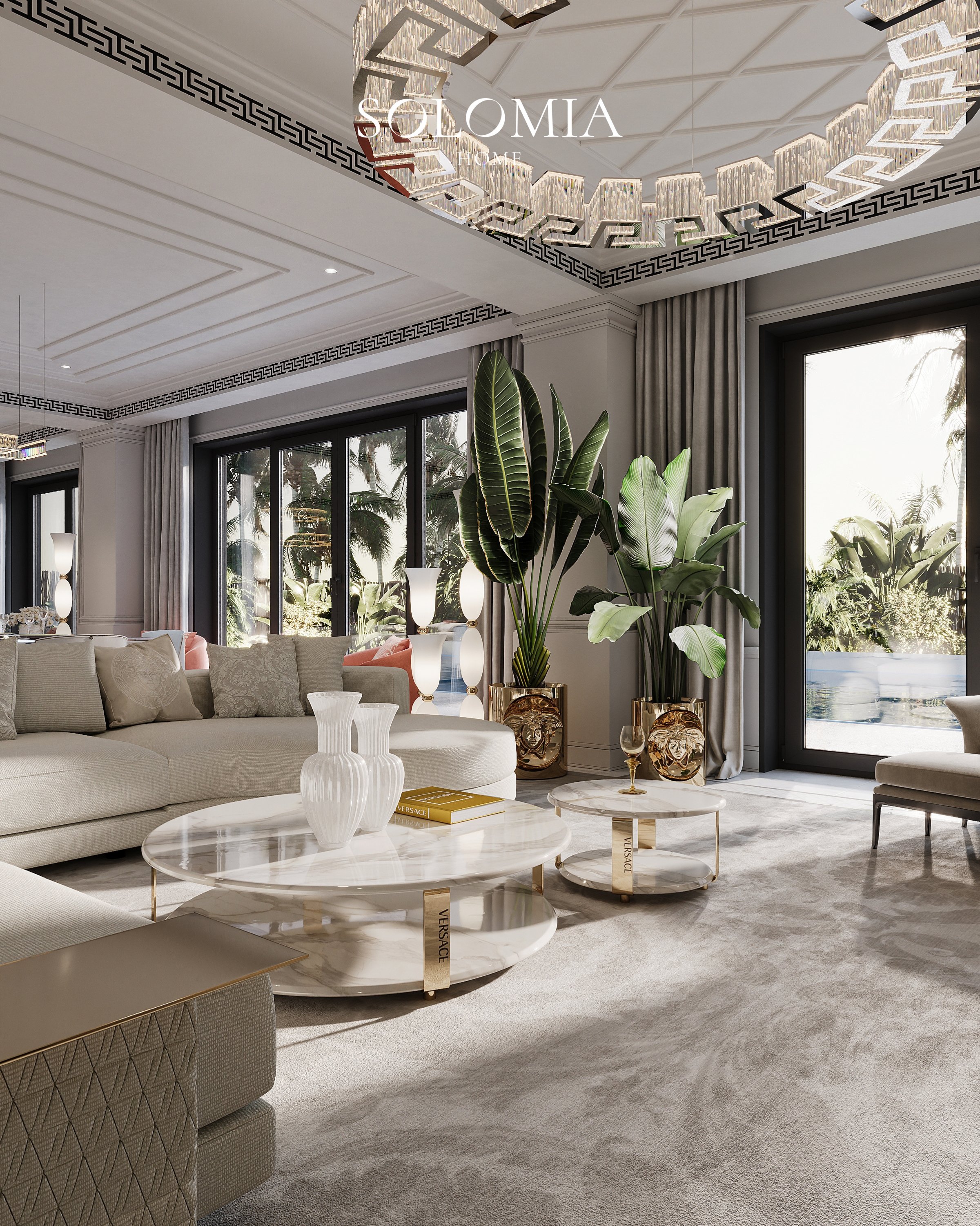 Living room with Greek-key ceiling and marble tables, Apartment Palazzo Versace — luxury interior design Dubai
