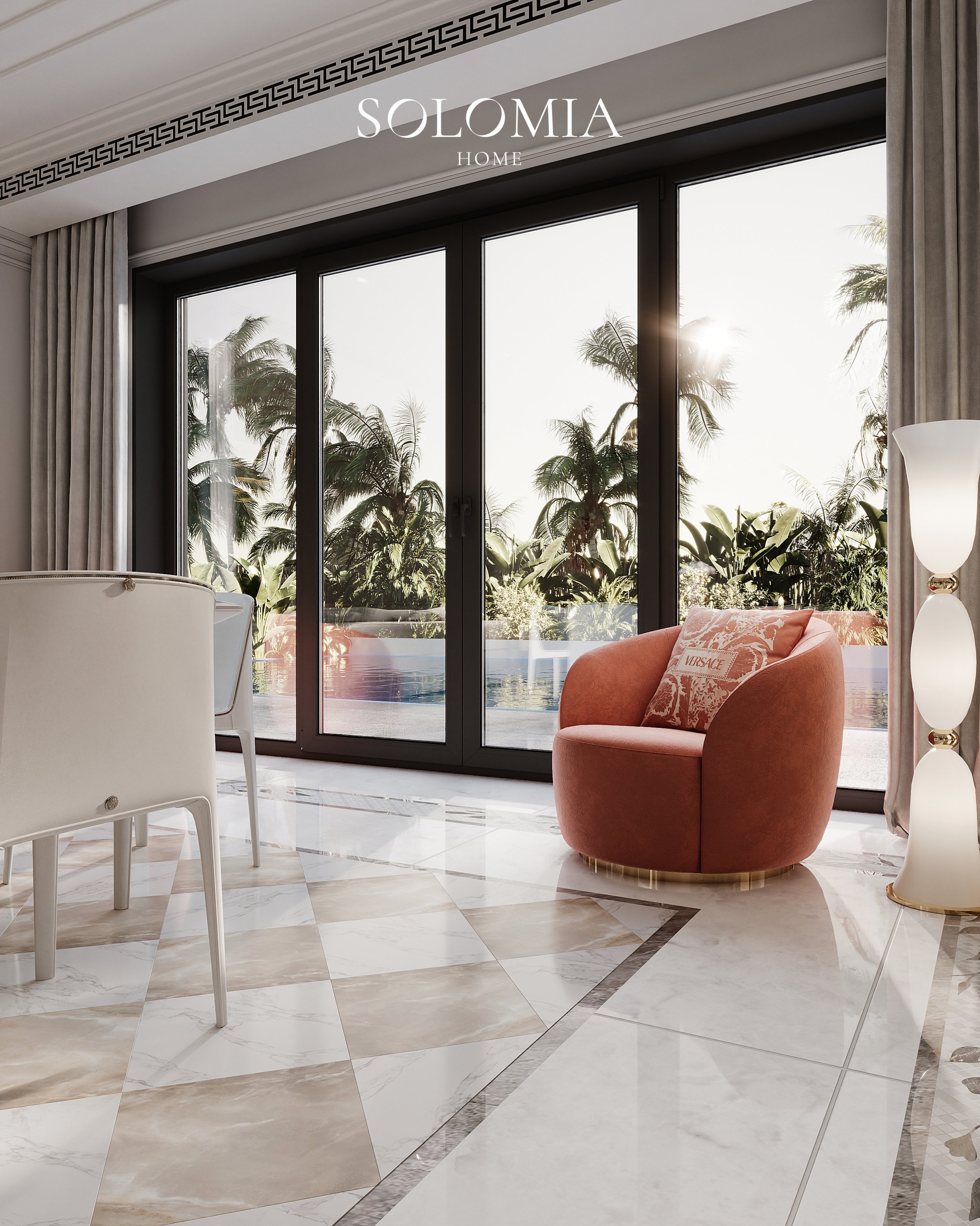 Coral Versace armchair by the terrace doors, Apartment Palazzo Versace — luxury interior design Dubai