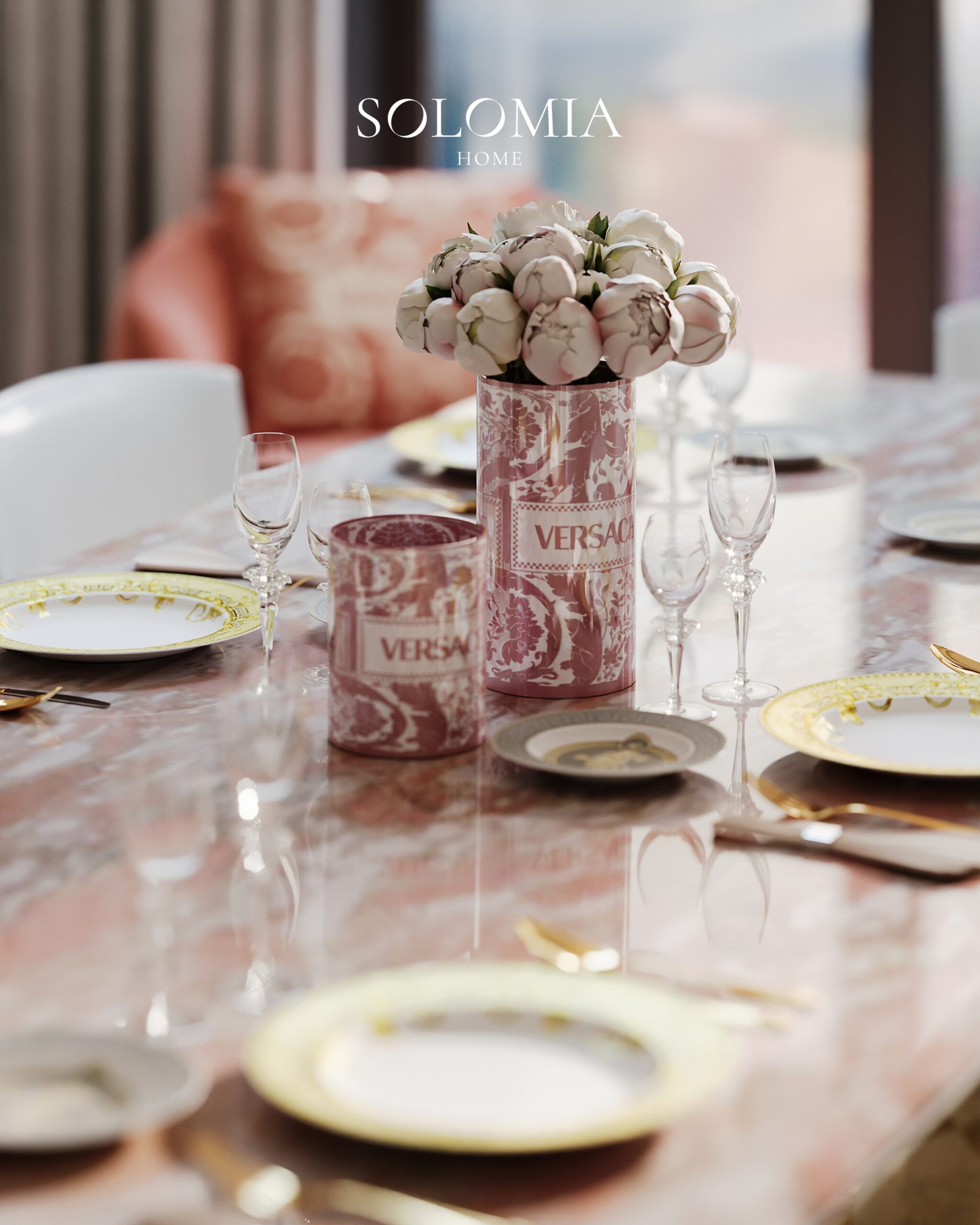 Versace tableware on a pink marble table, Apartment Palazzo Versace — luxury interior design Dubai