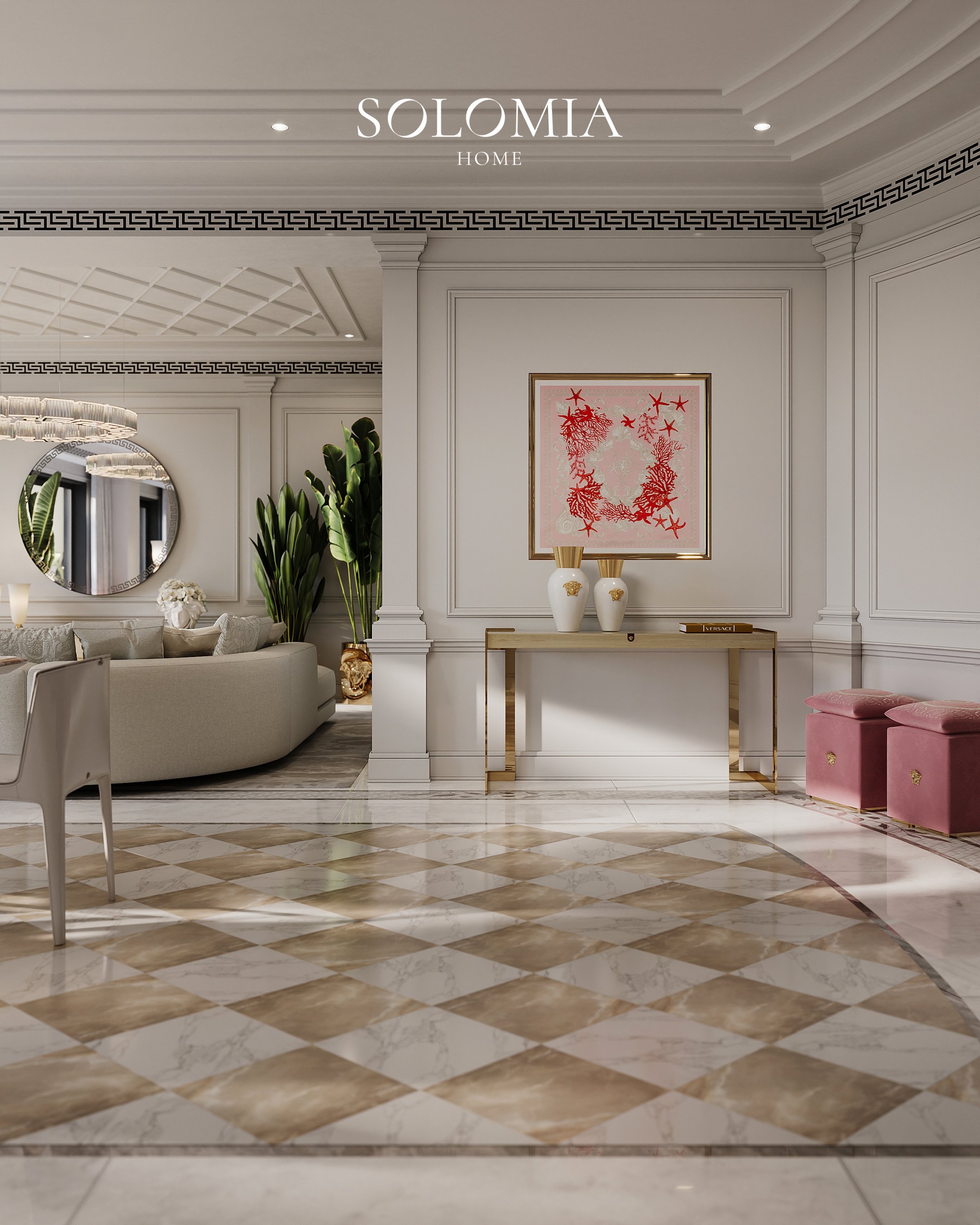 Entrance hall with round mirror and Versace vases, Apartment Palazzo Versace — luxury interior design Dubai