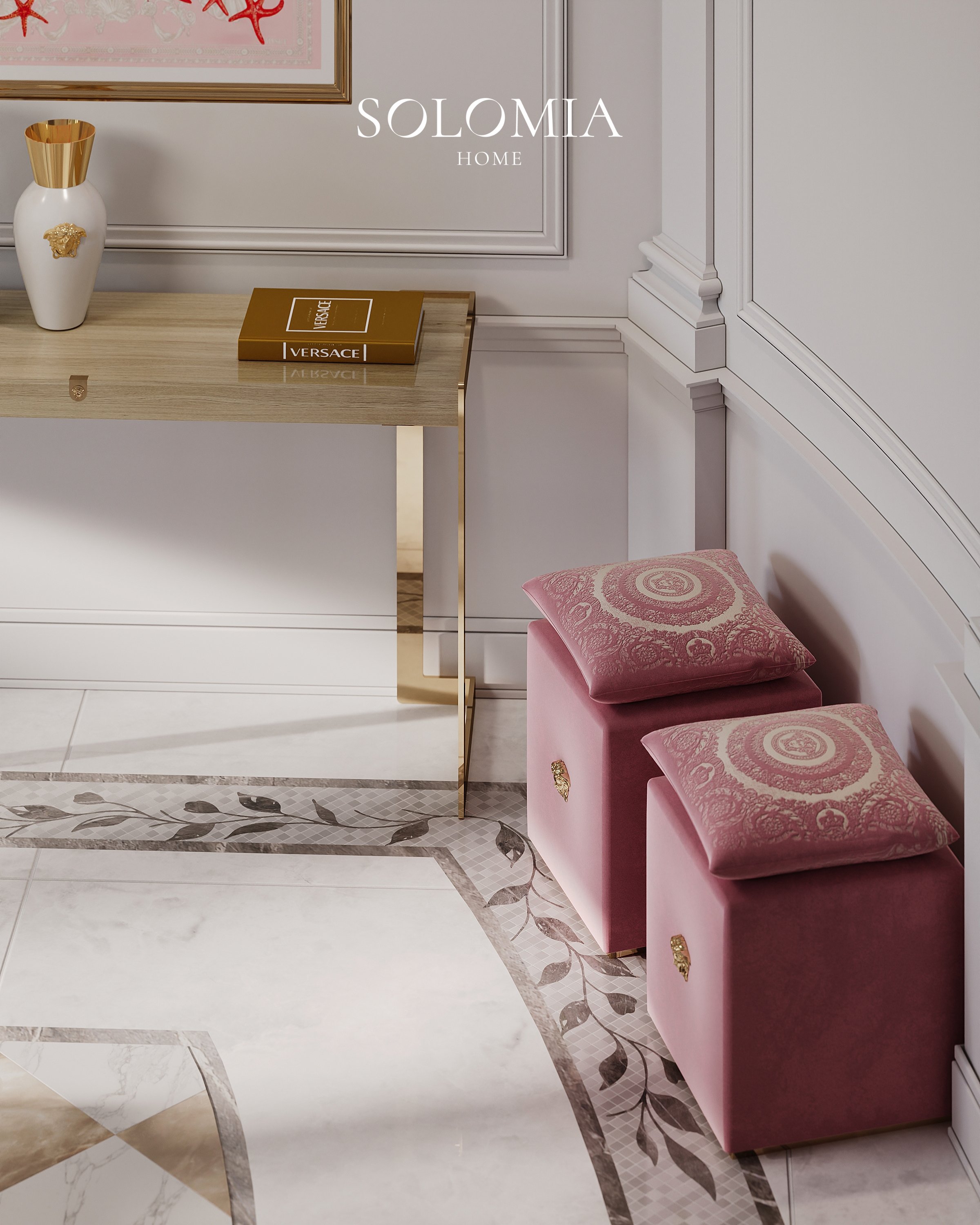 Console with pink Versace poufs, Apartment Palazzo Versace — luxury interior design Dubai