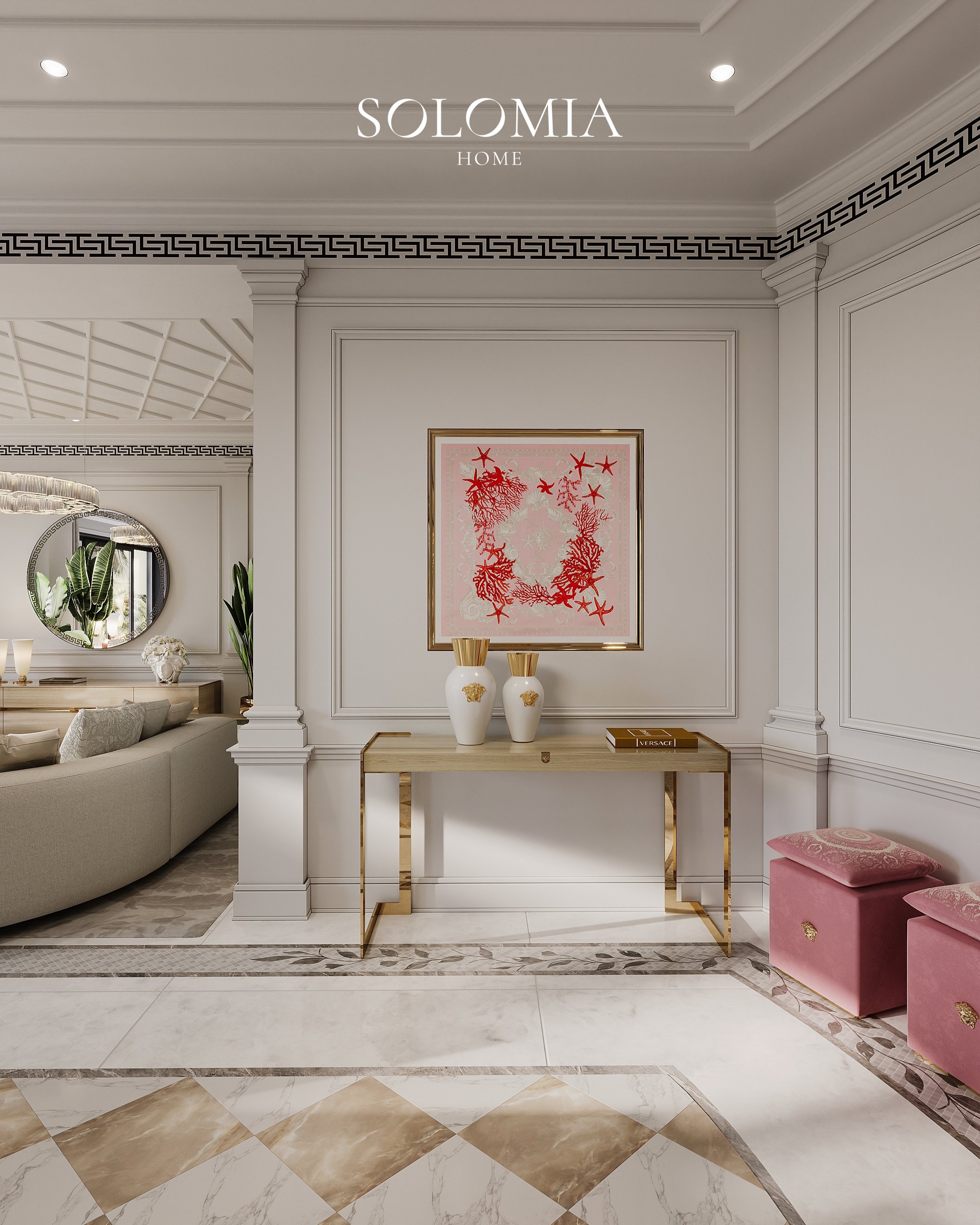 Entrance hall with Medusa mirror, Apartment Palazzo Versace — luxury interior design Dubai