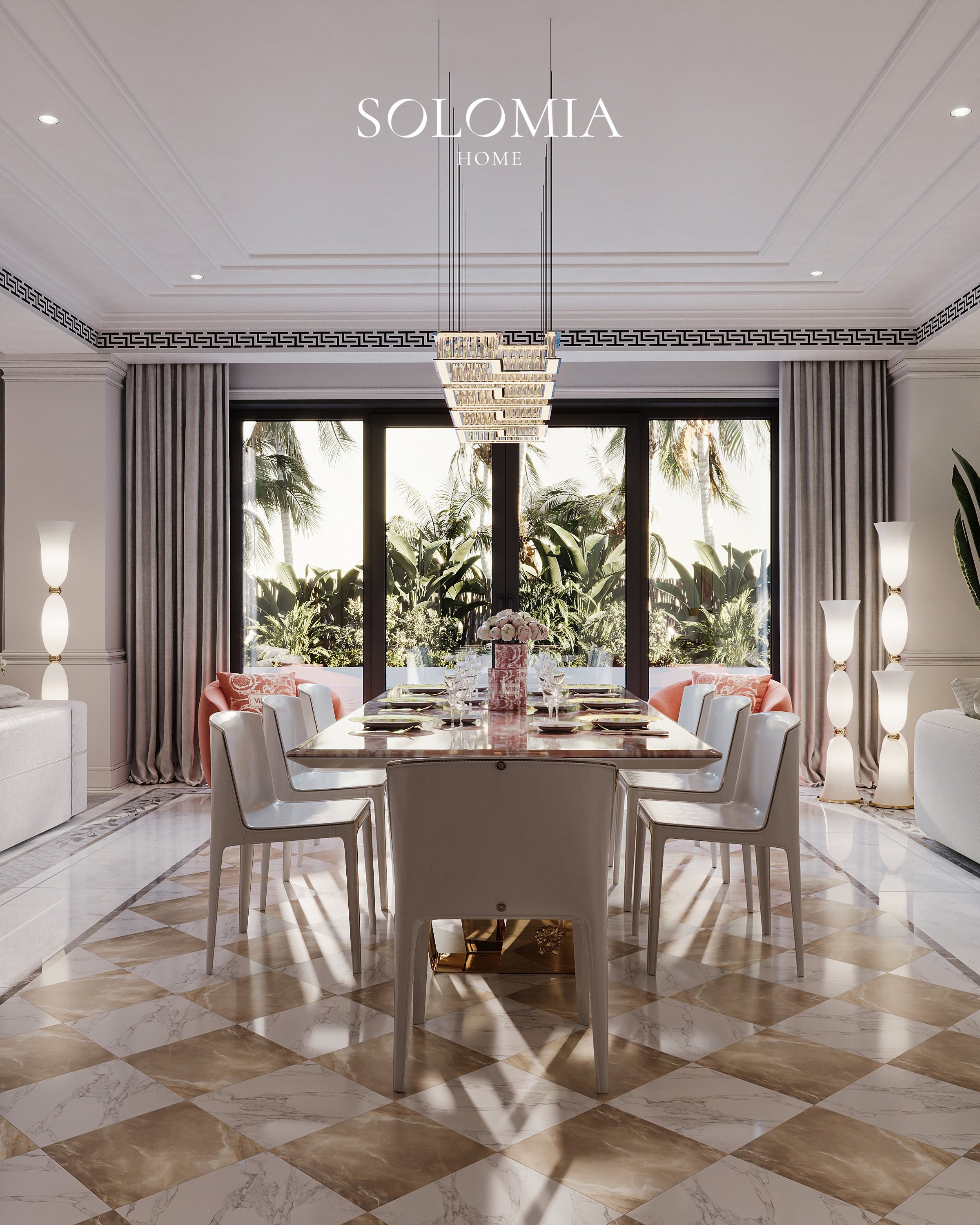 Dining table with palm view, Apartment Palazzo Versace — luxury interior design Dubai