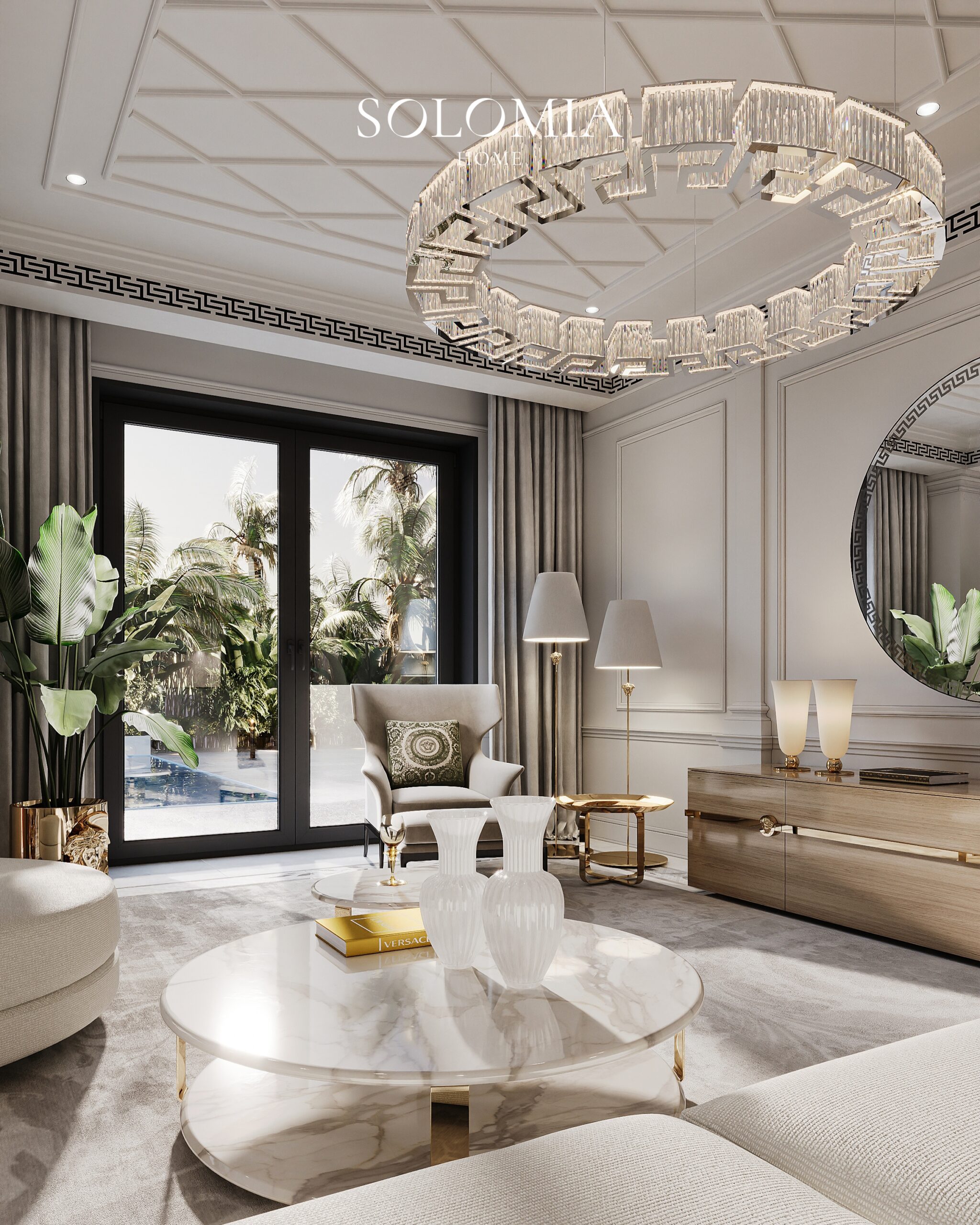 Living room with Versace chandelier, Apartment Palazzo Versace — luxury interior design Dubai