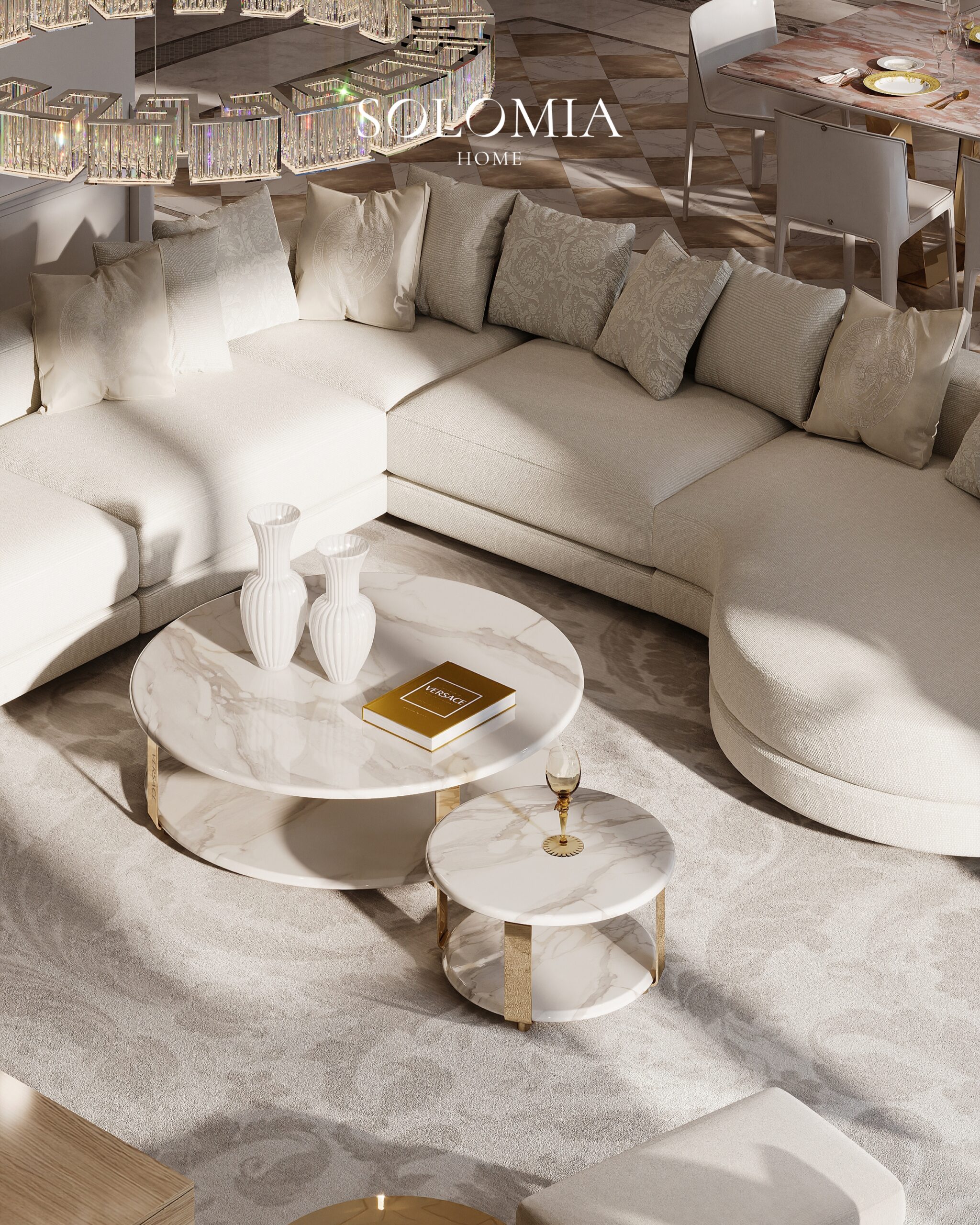 Curved Versace sofa with marble coffee tables, Apartment Palazzo Versace — luxury interior design Dubai