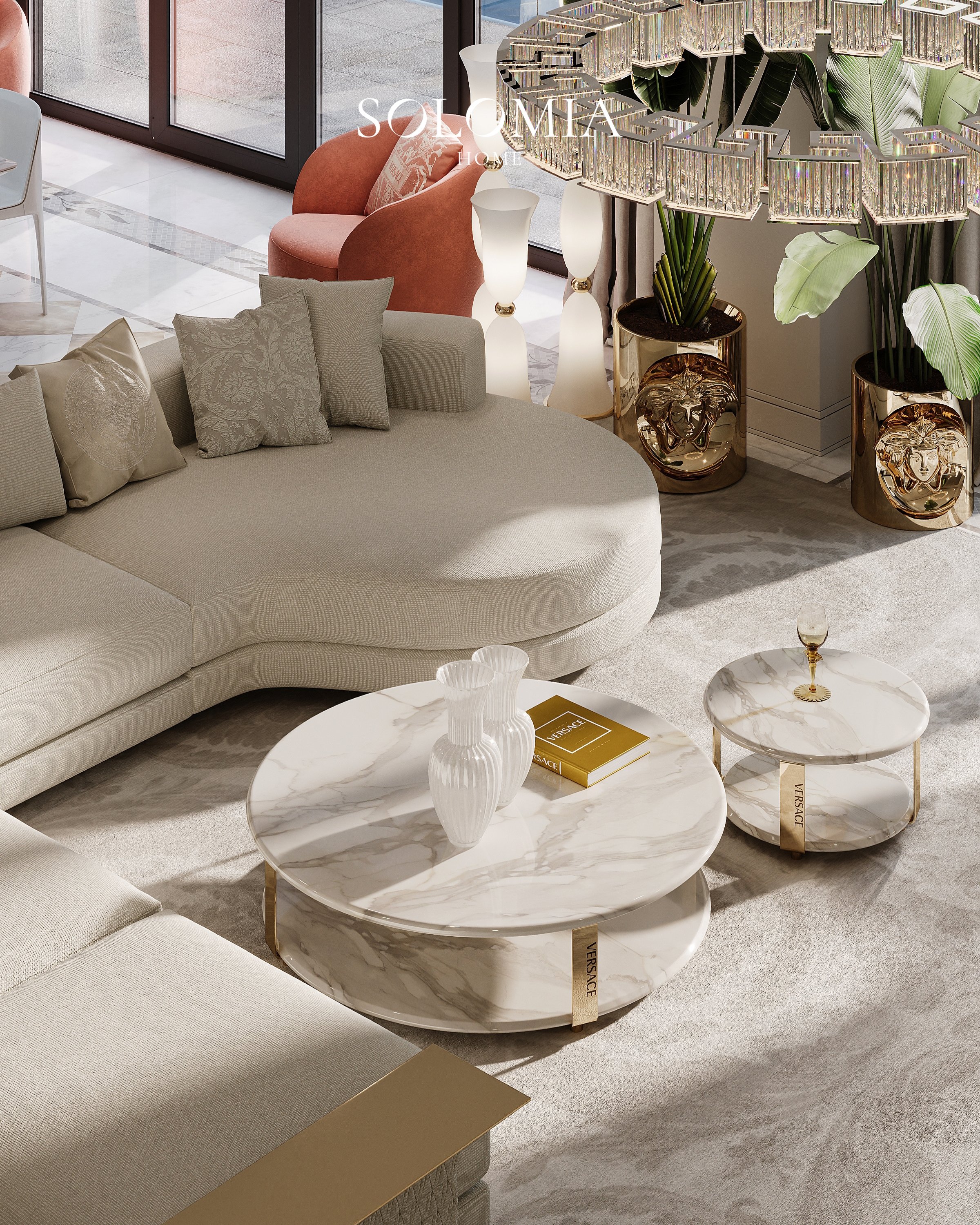 Versace sofa and marble tables with palm plants, Apartment Palazzo Versace — luxury interior design Dubai
