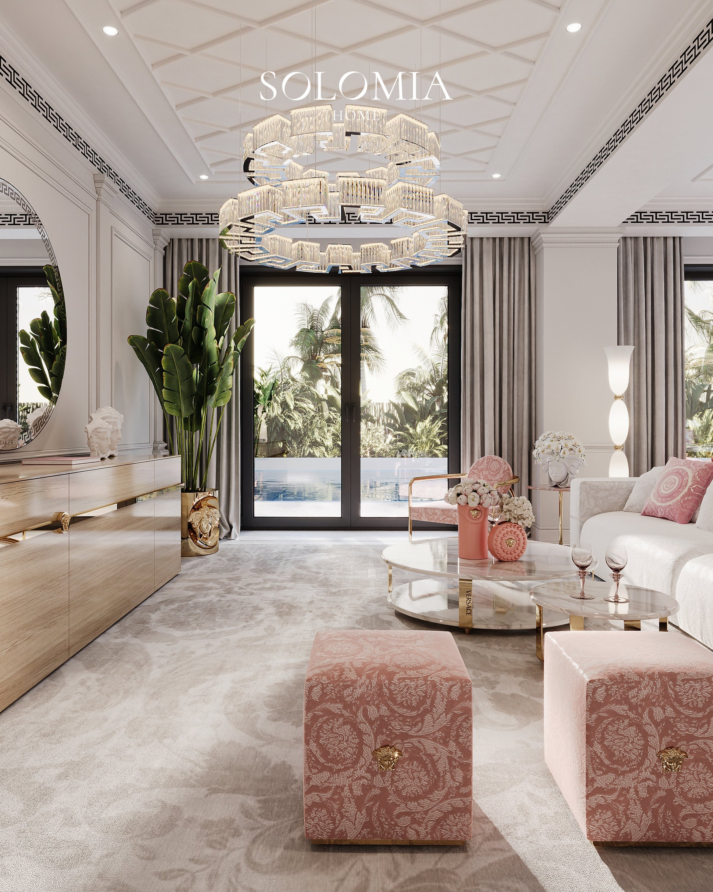 Living room with Versace chandelier and pink poufs, Apartment Palazzo Versace — luxury interior design Dubai