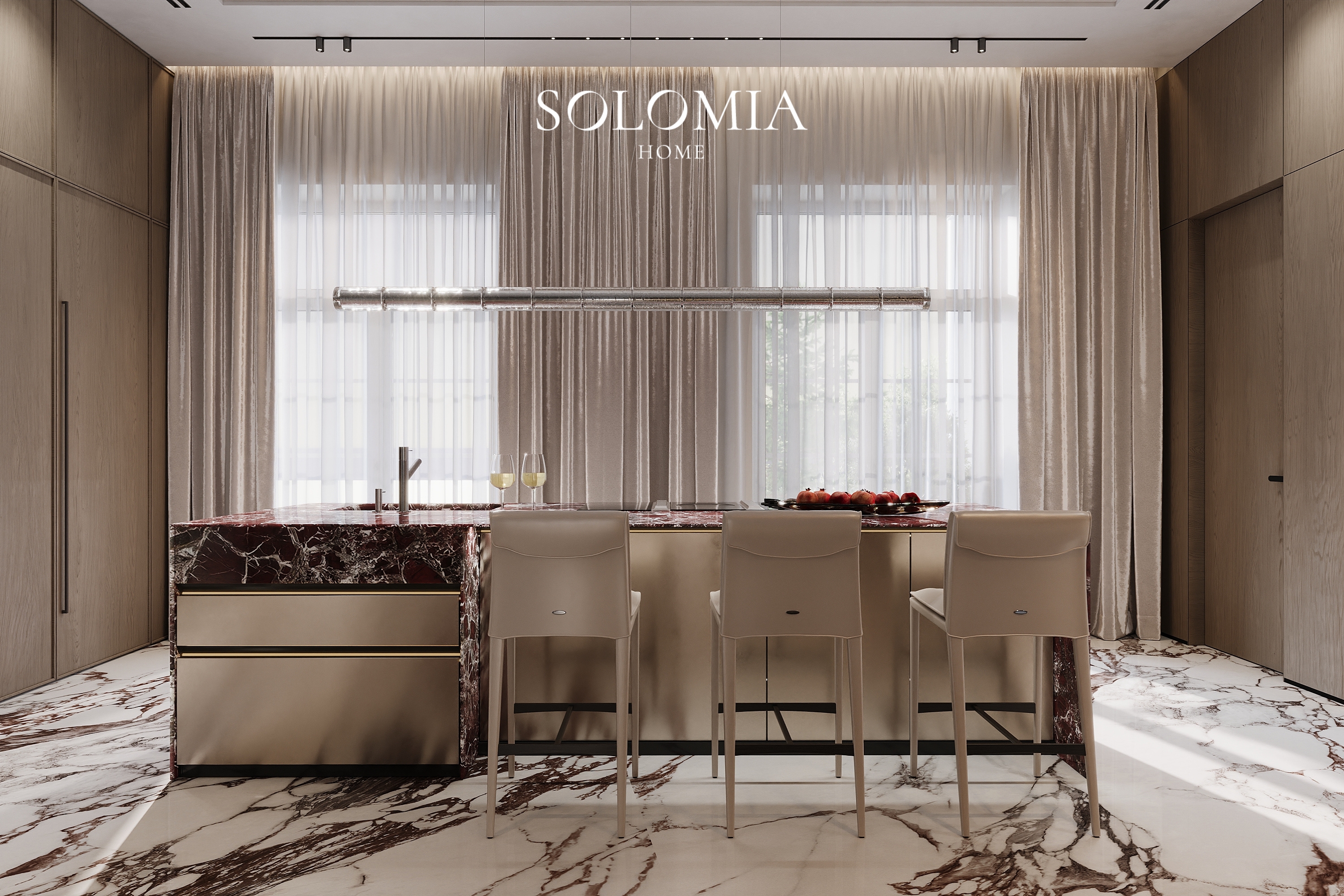 Kitchen with red marble island and dining, Villa Almaty. Kazakhstan — luxury interior design Almaty