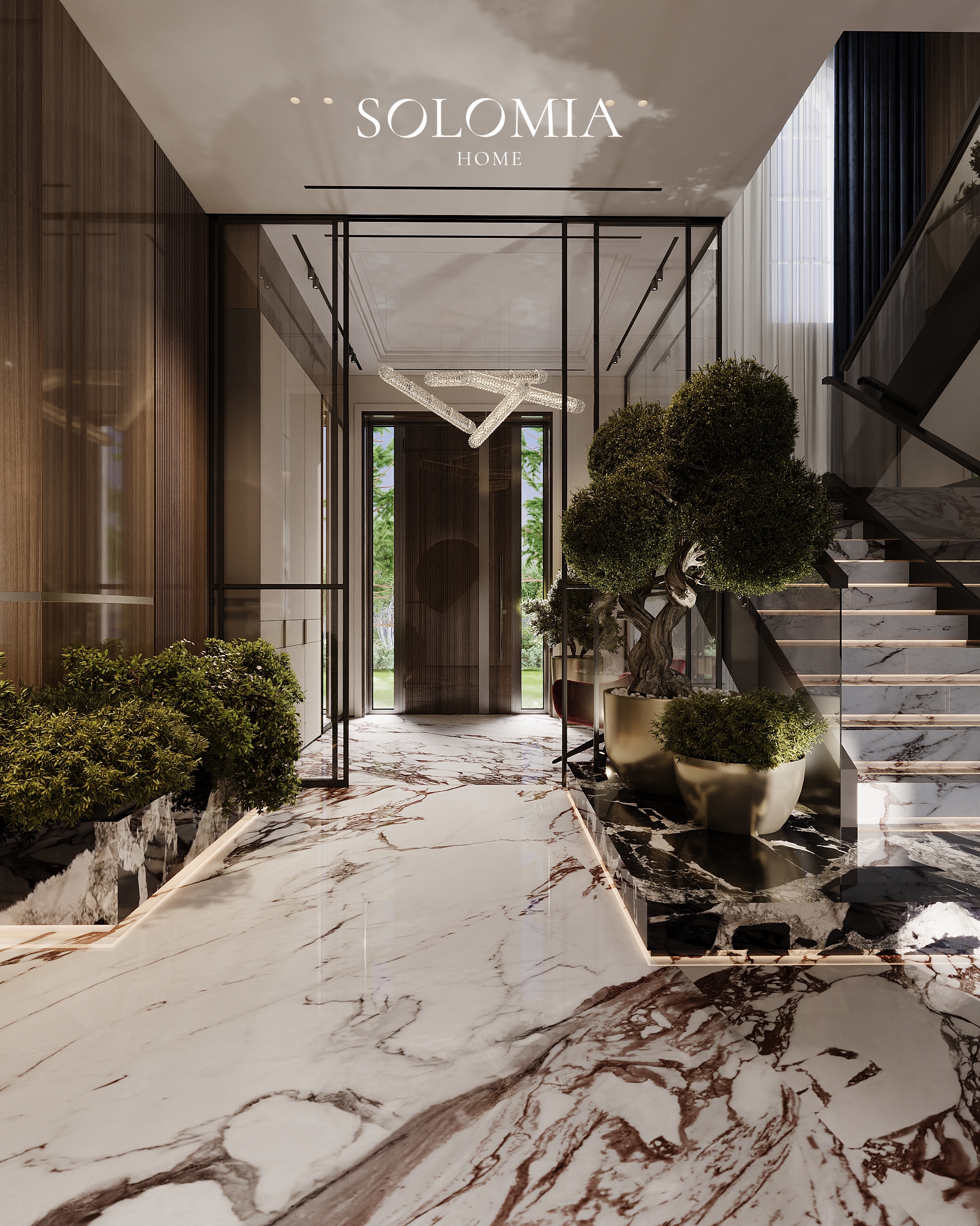 Entrance hall with staircase and indoor garden, Villa Almaty. Kazakhstan — luxury interior design Almaty