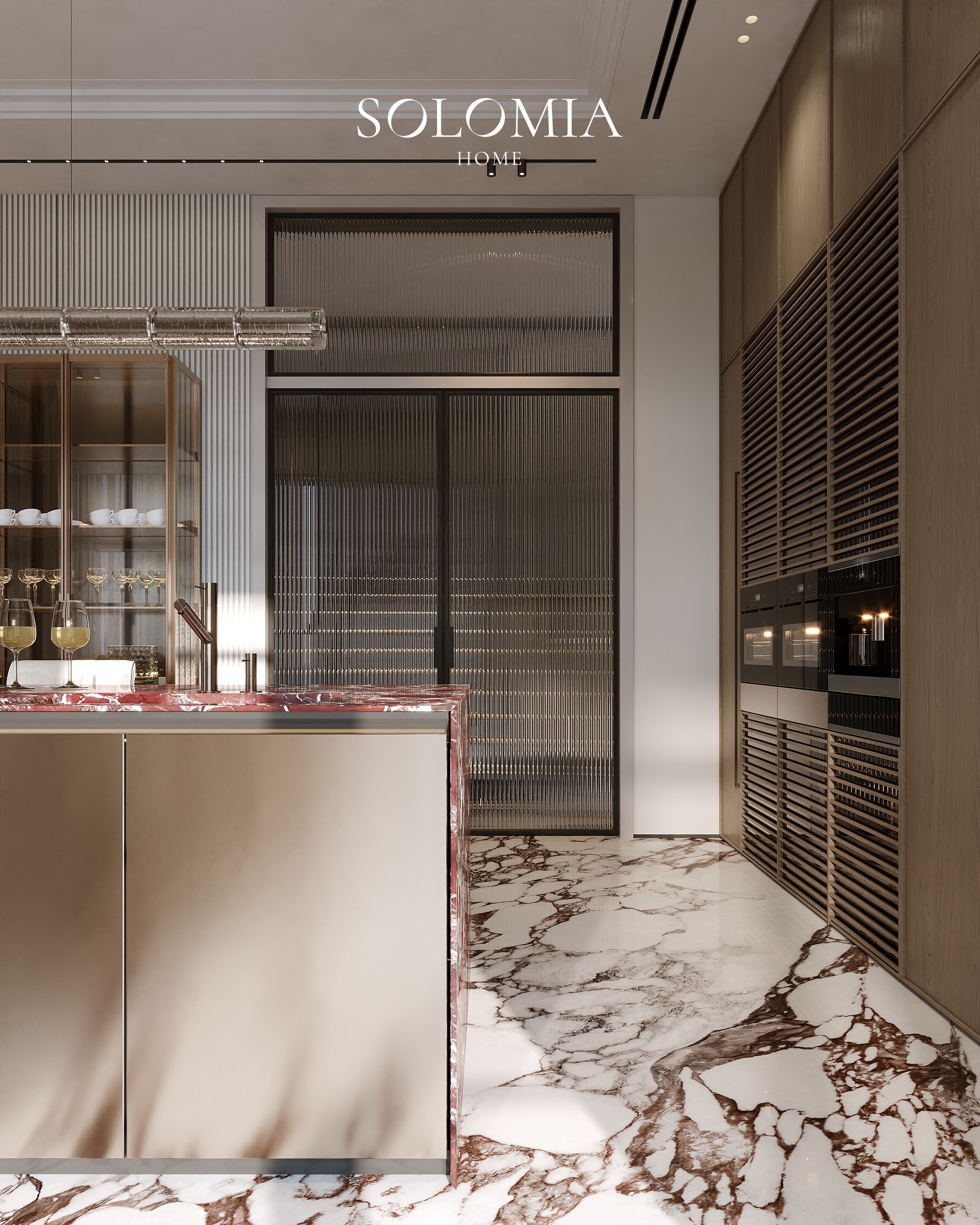 Kitchen with red marble island, Villa Almaty. Kazakhstan — luxury interior design Almaty
