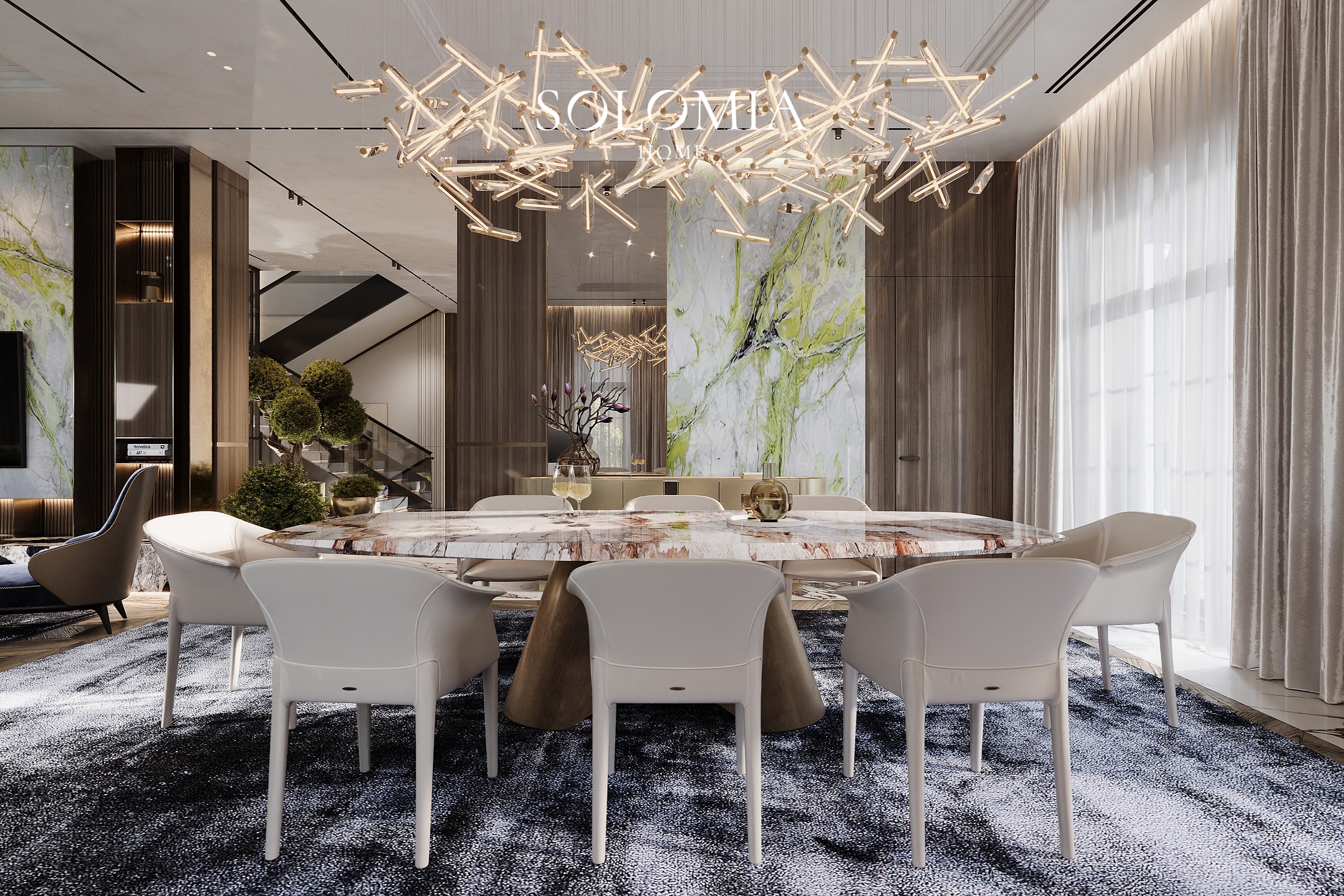 Dining table under a branch chandelier, Villa Almaty. Kazakhstan — luxury interior design Almaty