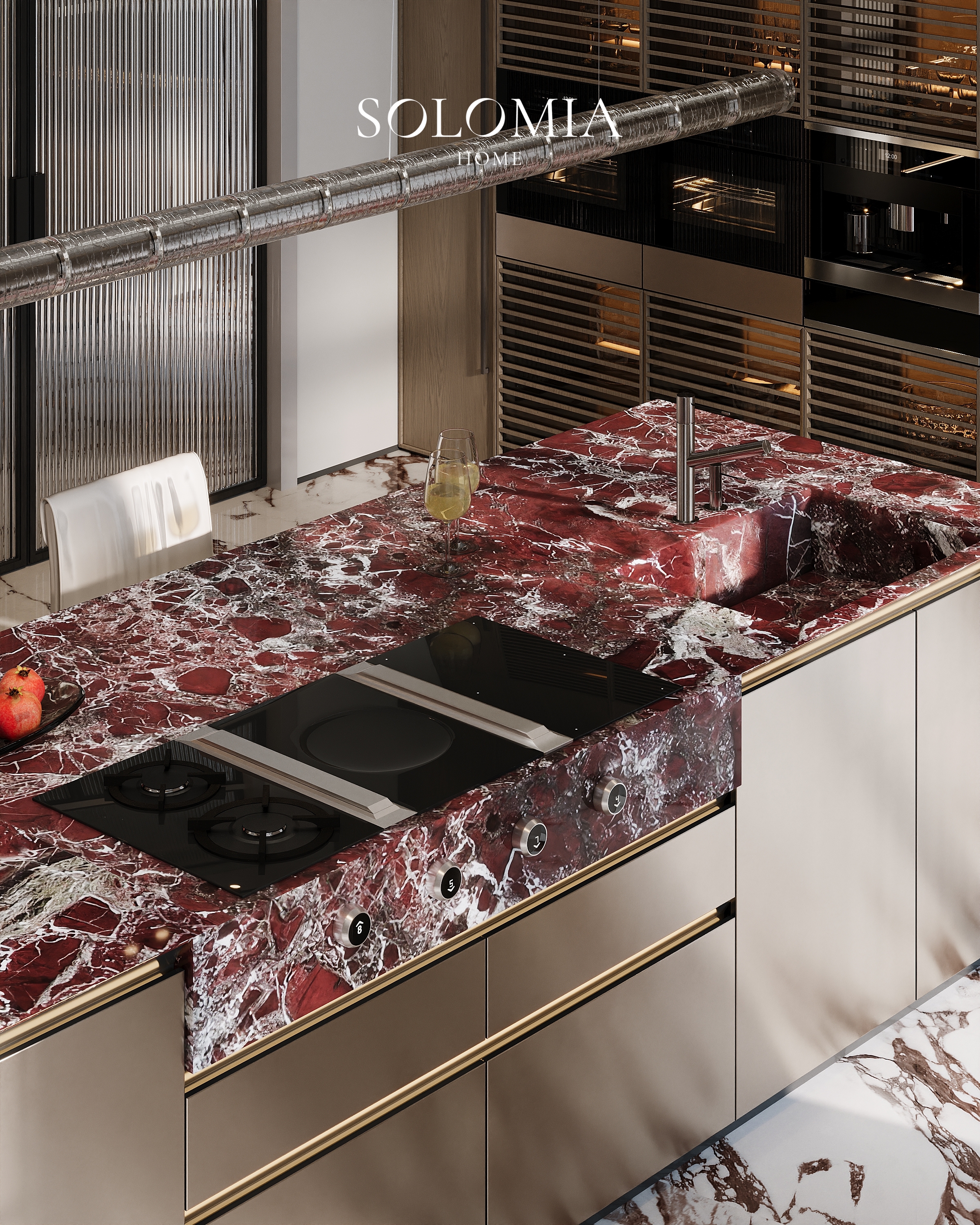Red marble kitchen island with hob, Villa Almaty. Kazakhstan — luxury interior design Almaty