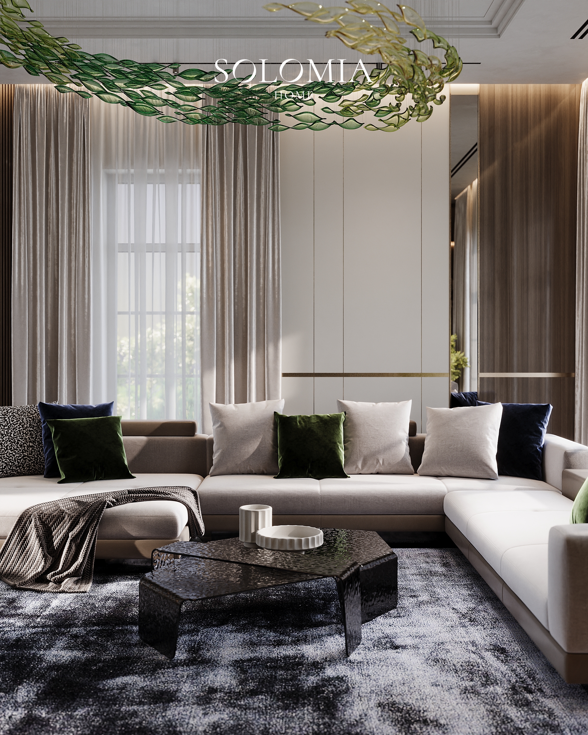 Living room with sculptural ceiling light, Villa Almaty. Kazakhstan — luxury interior design Almaty