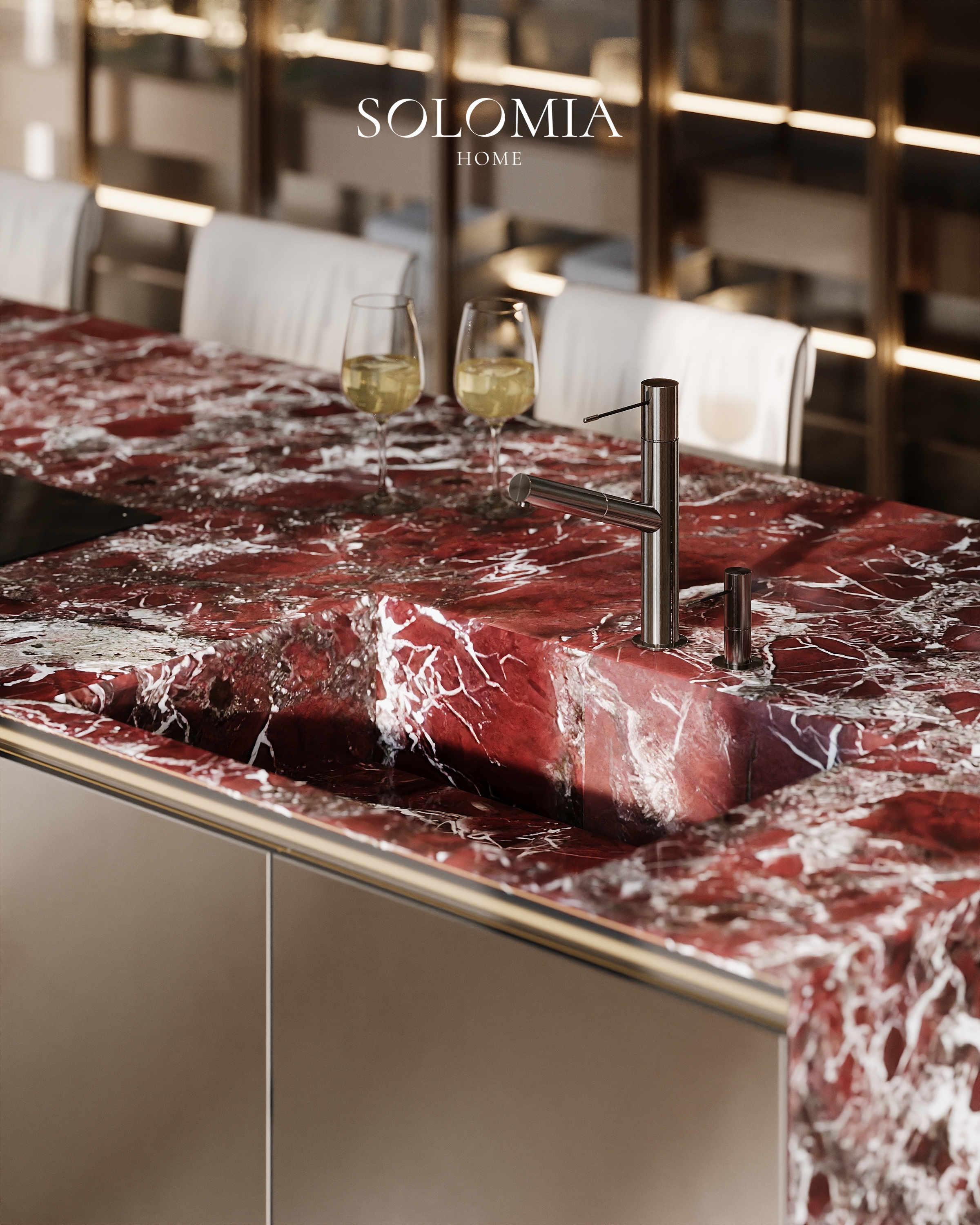 Red marble countertop with taps, Villa Almaty. Kazakhstan — luxury interior design Almaty