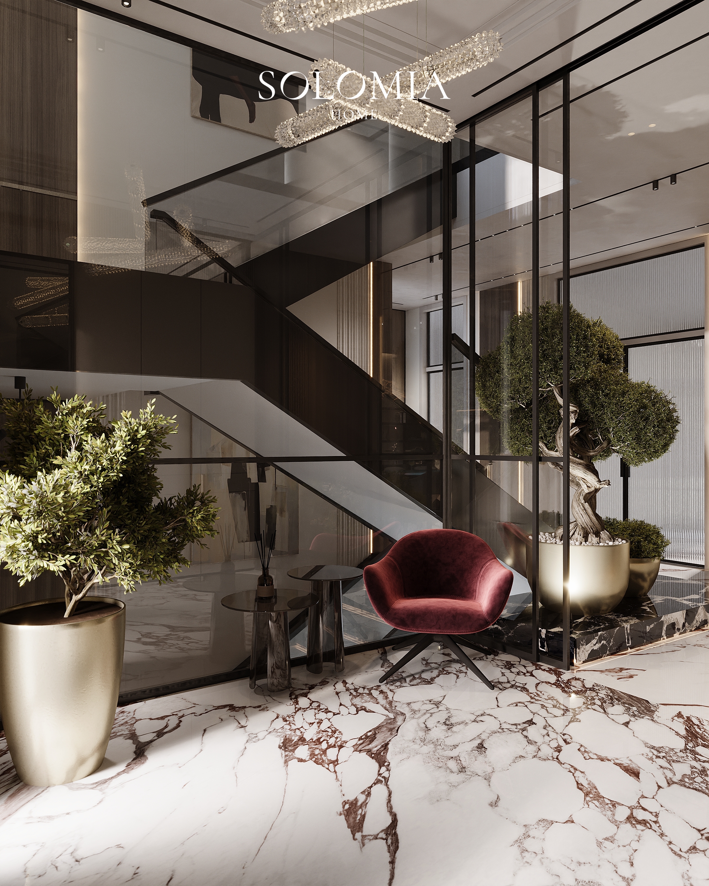 Hall with staircase and burgundy armchair, Villa Almaty. Kazakhstan — luxury interior design Almaty