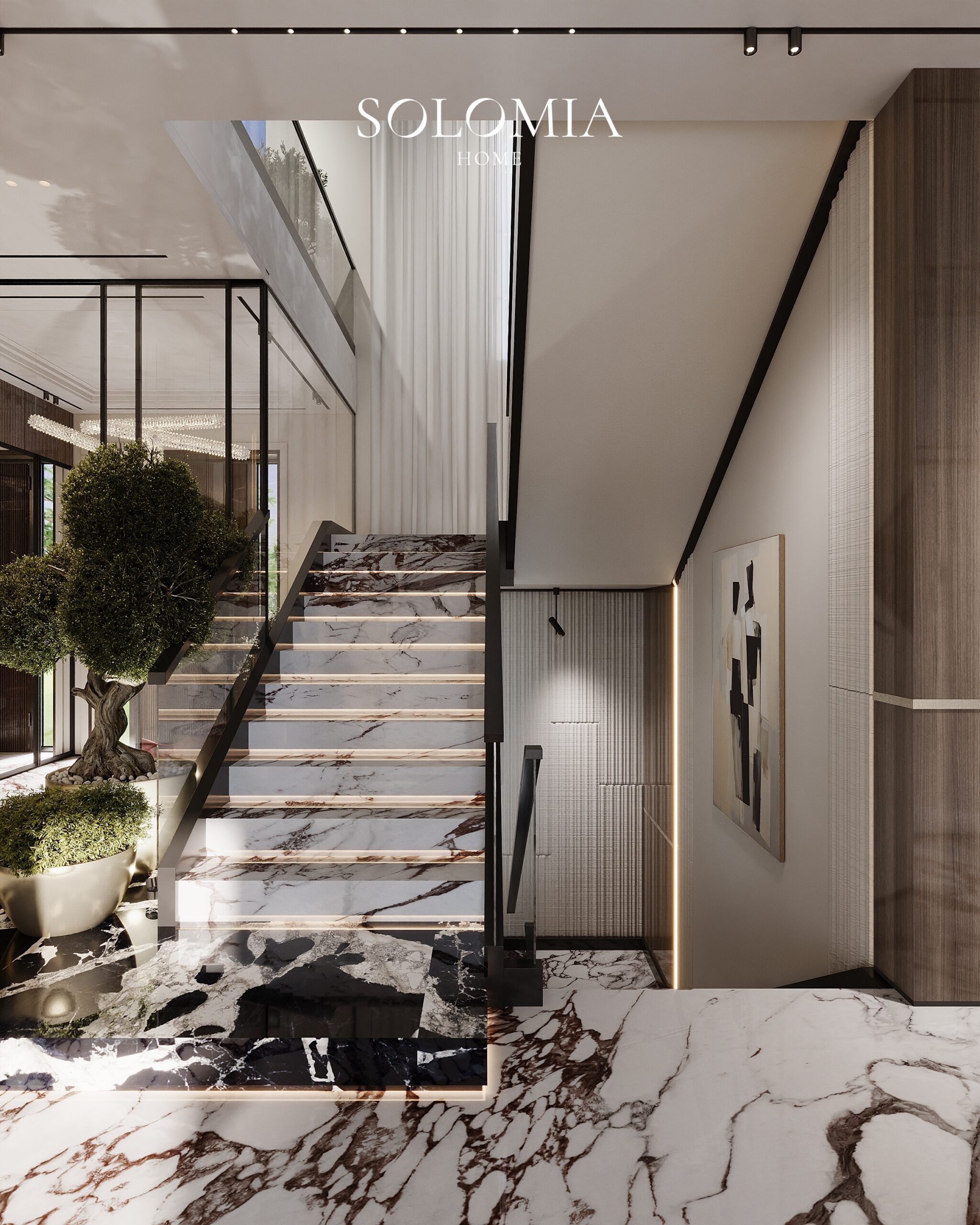 Marble staircase with plants, Villa Almaty. Kazakhstan — luxury interior design Almaty