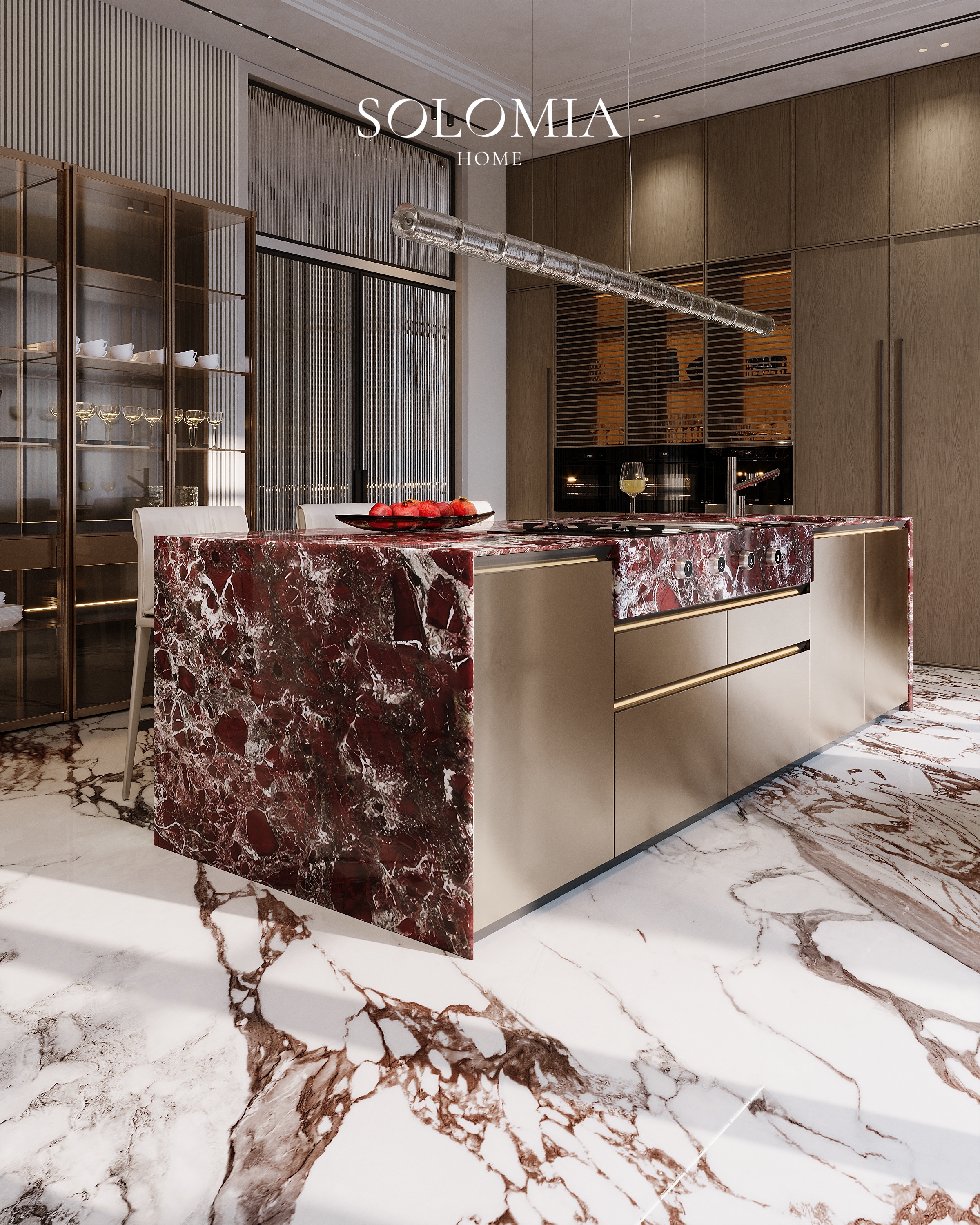 Kitchen with red marble island and glass doors, Villa Almaty. Kazakhstan — luxury interior design Almaty