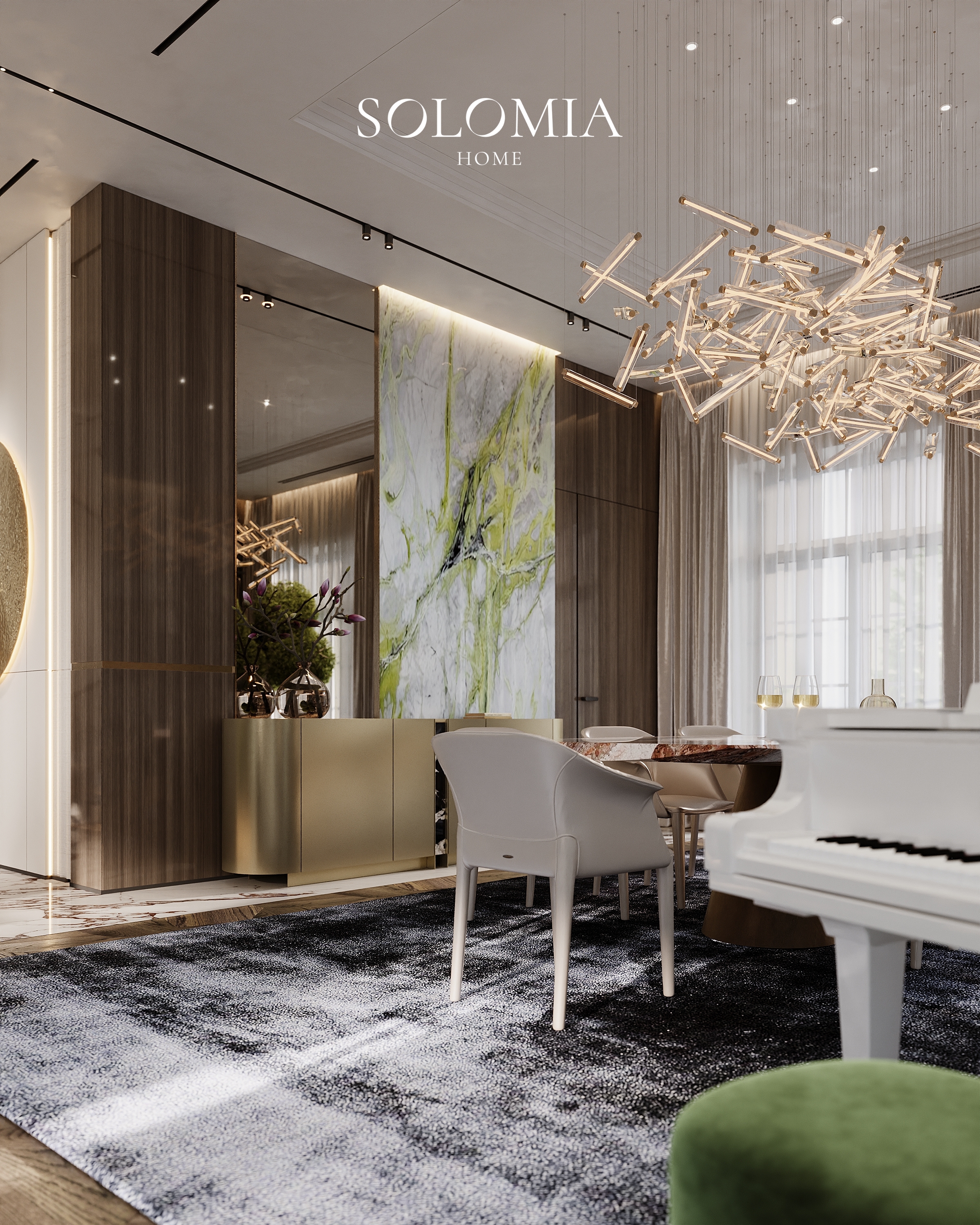 Living room with white piano and branch chandelier, Villa Almaty. Kazakhstan — luxury interior design Almaty