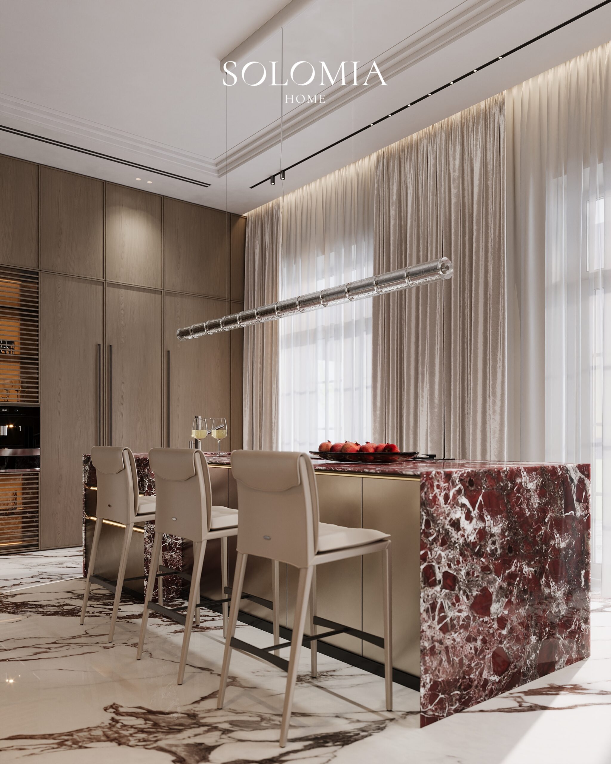 Kitchen with red marble island and dining chairs, Villa Almaty. Kazakhstan — luxury interior design Almaty