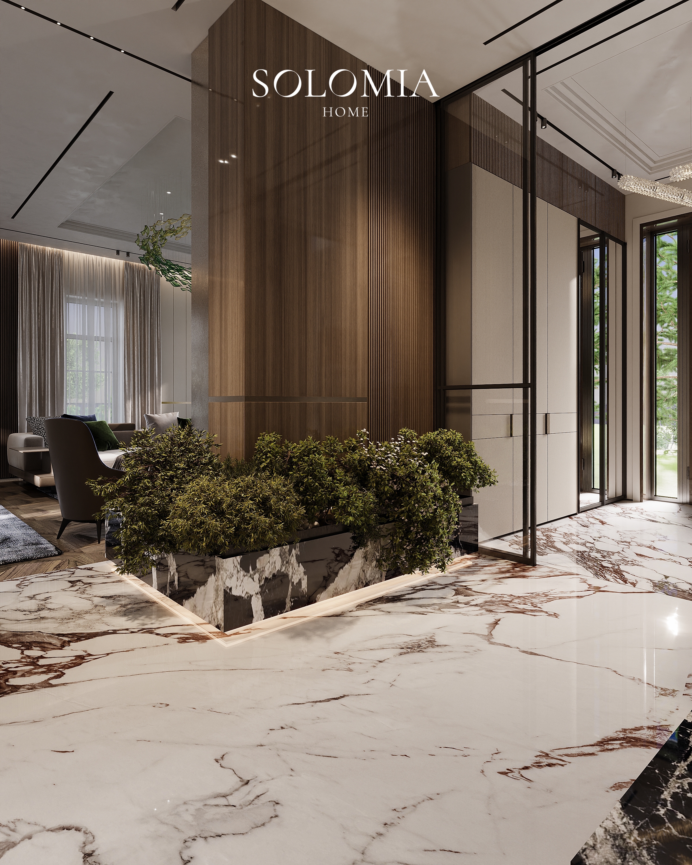 Hall with marble floor and indoor garden, Villa Almaty. Kazakhstan — luxury interior design Almaty