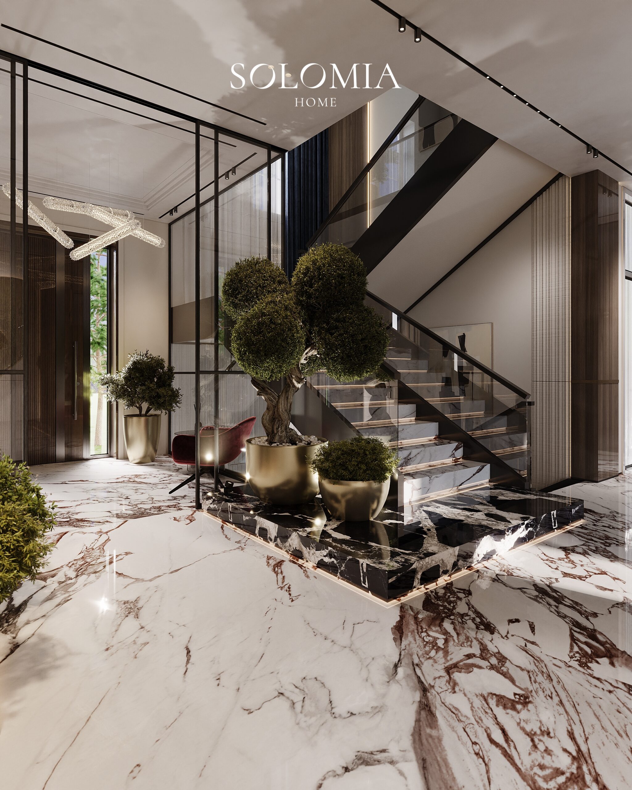 Entrance hall with staircase and marble floor, Villa Almaty. Kazakhstan — luxury interior design Almaty