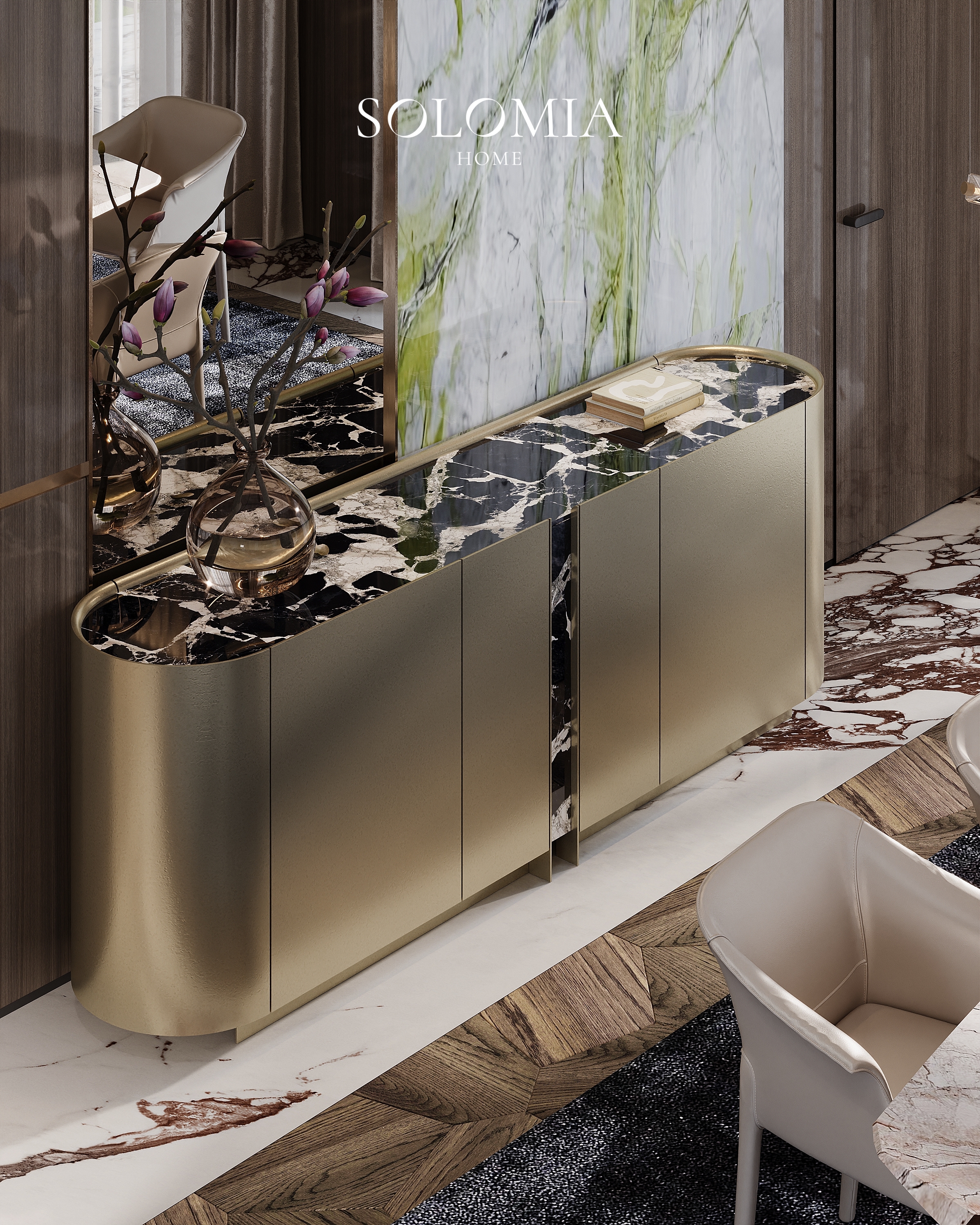Marble-topped console with flowers, Villa Almaty. Kazakhstan — luxury interior design Almaty