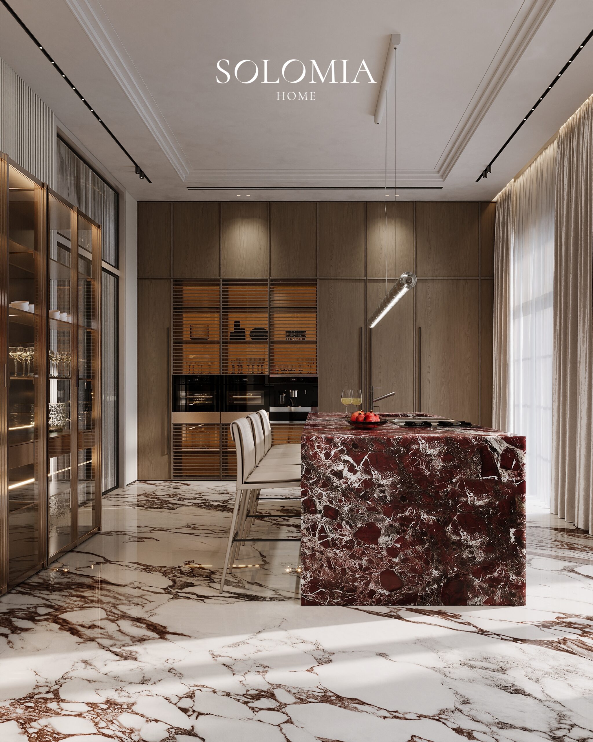 Kitchen with red marble island and glass cabinets, Villa Almaty. Kazakhstan — luxury interior design Almaty