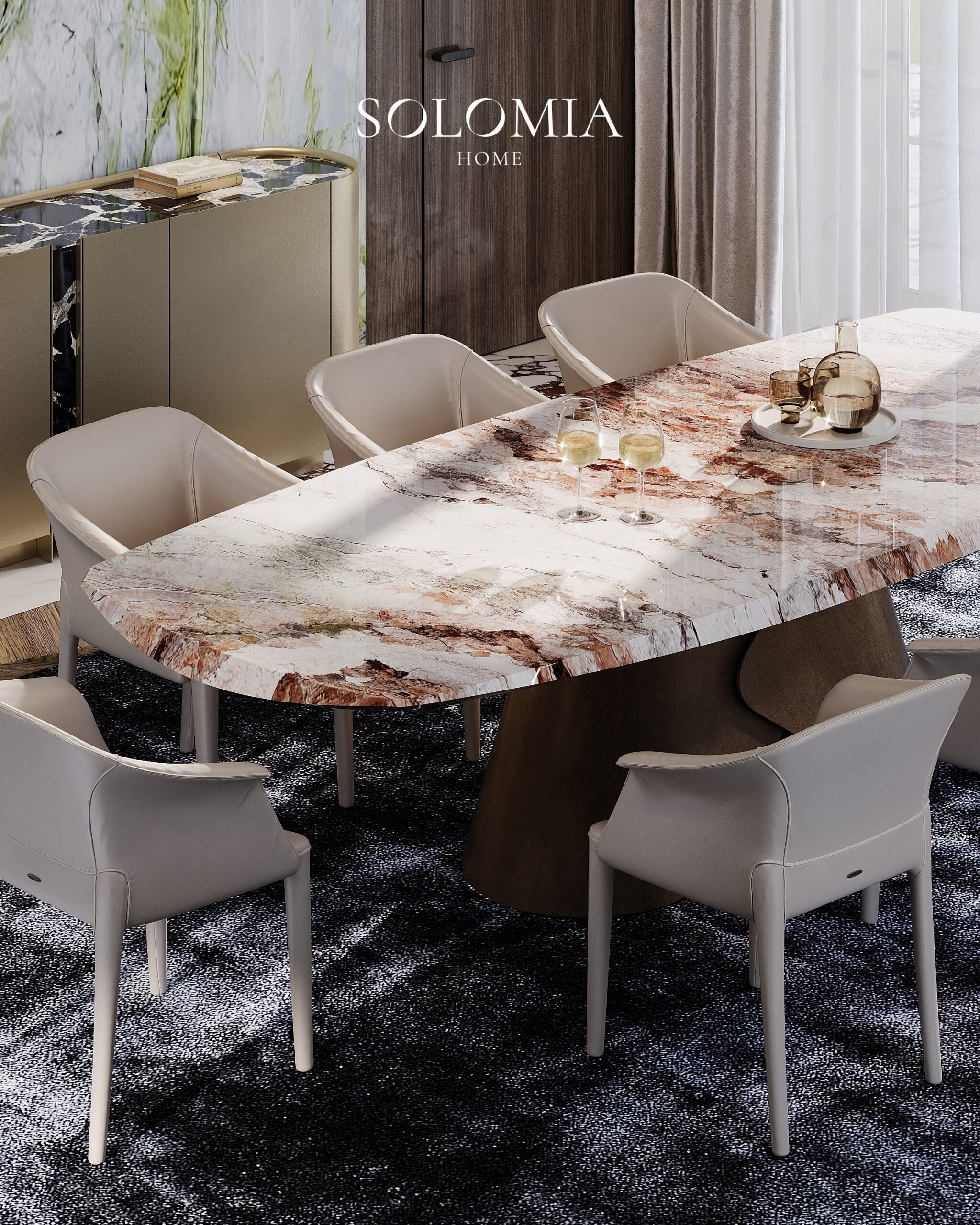 Marble dining table with white chairs, Villa Almaty. Kazakhstan — luxury interior design Almaty