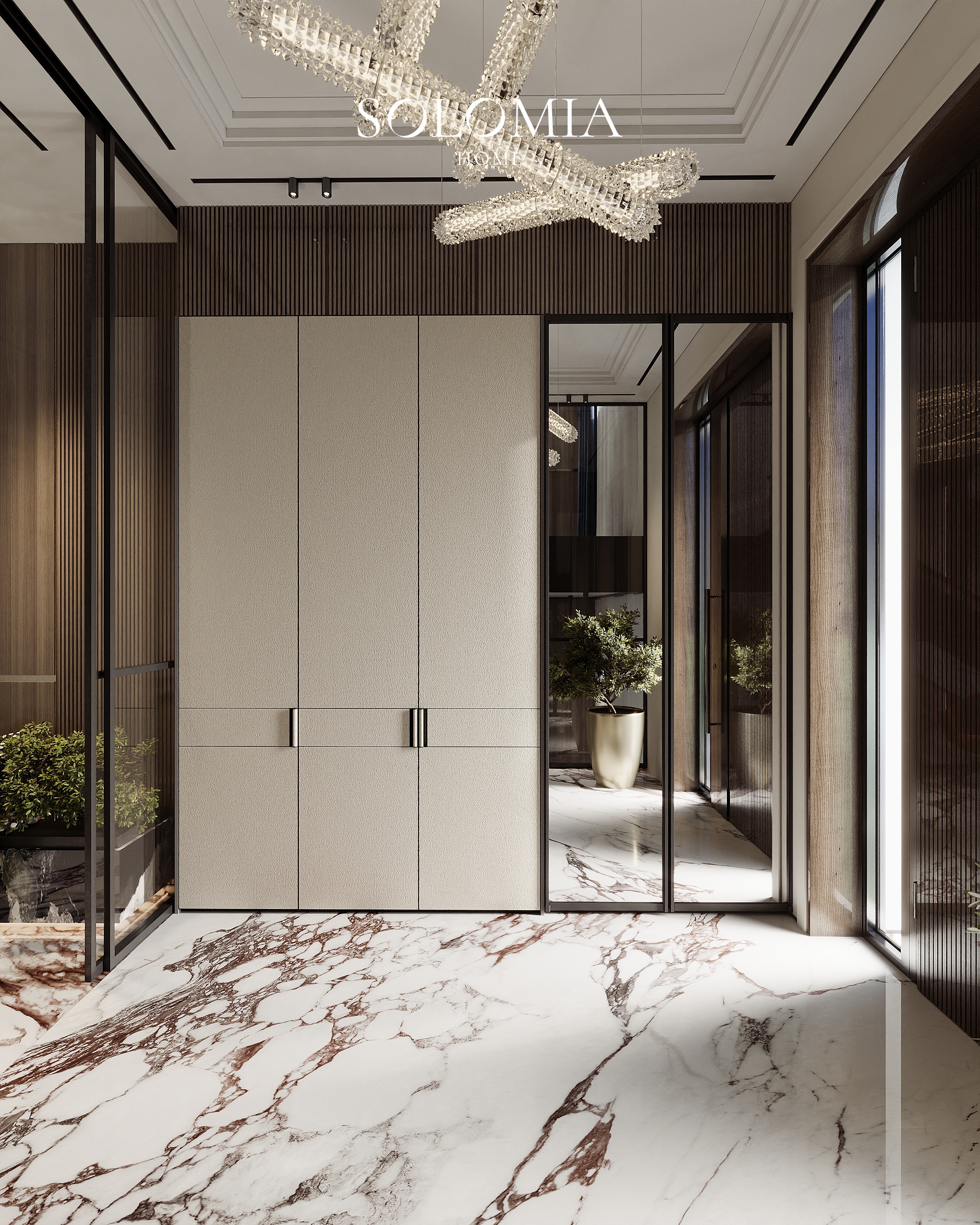 Hall with wardrobe and glass doors, Villa Almaty. Kazakhstan — luxury interior design Almaty