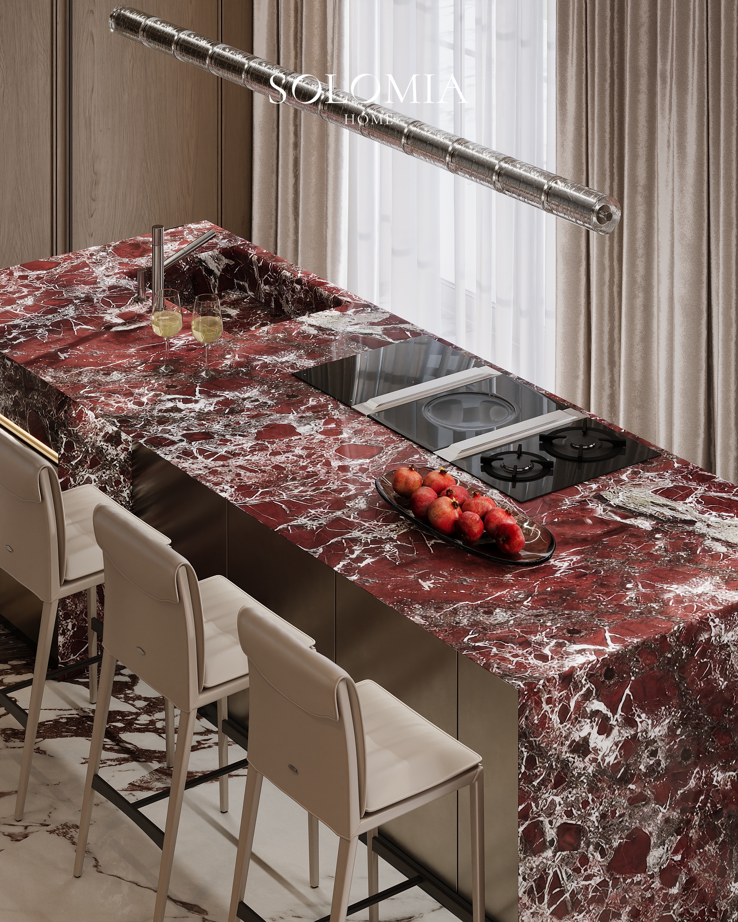Red marble kitchen island with bar stools, Villa Almaty. Kazakhstan — luxury interior design Almaty