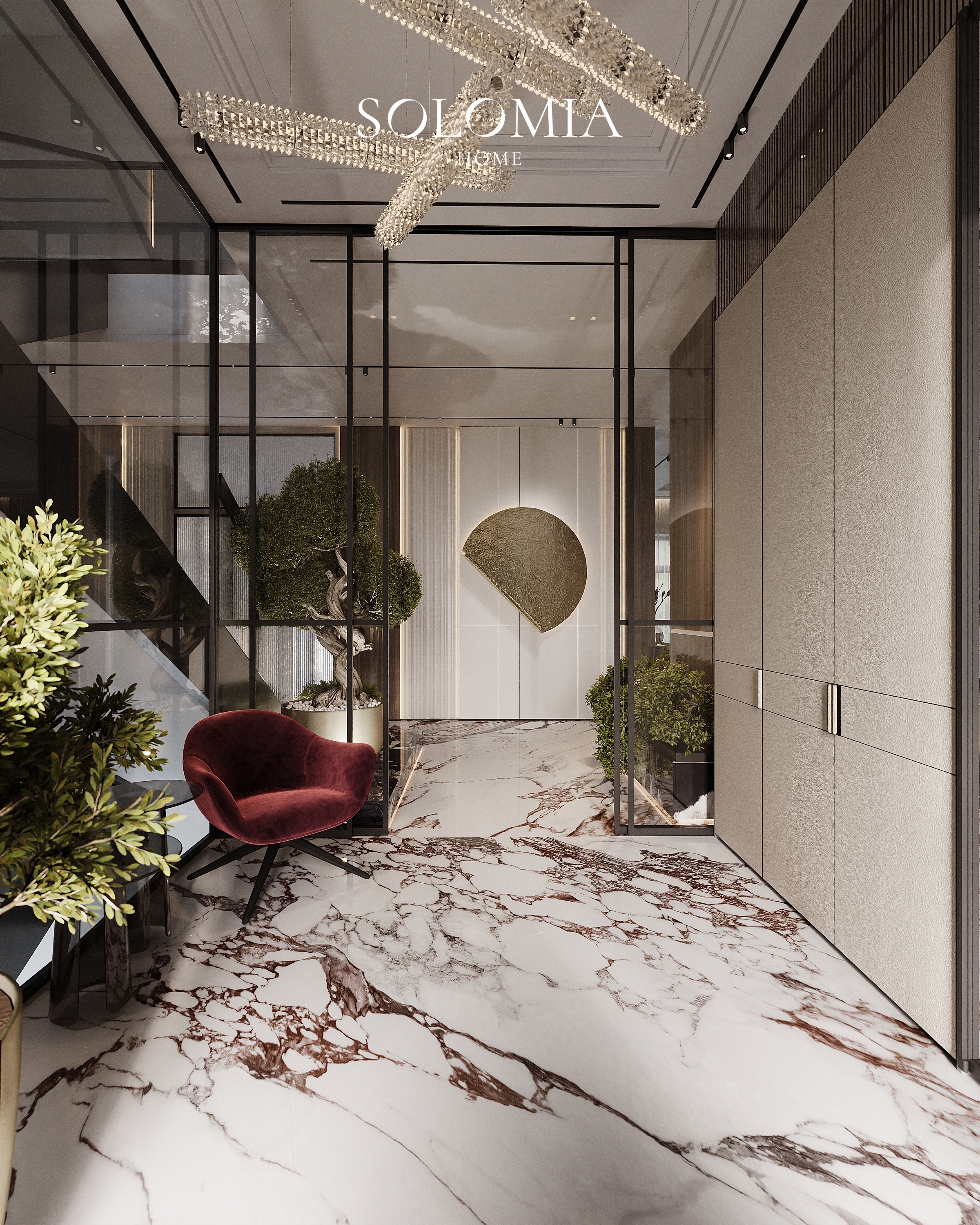 Hall with burgundy armchair and gold artwork, Villa Almaty. Kazakhstan — luxury interior design Almaty