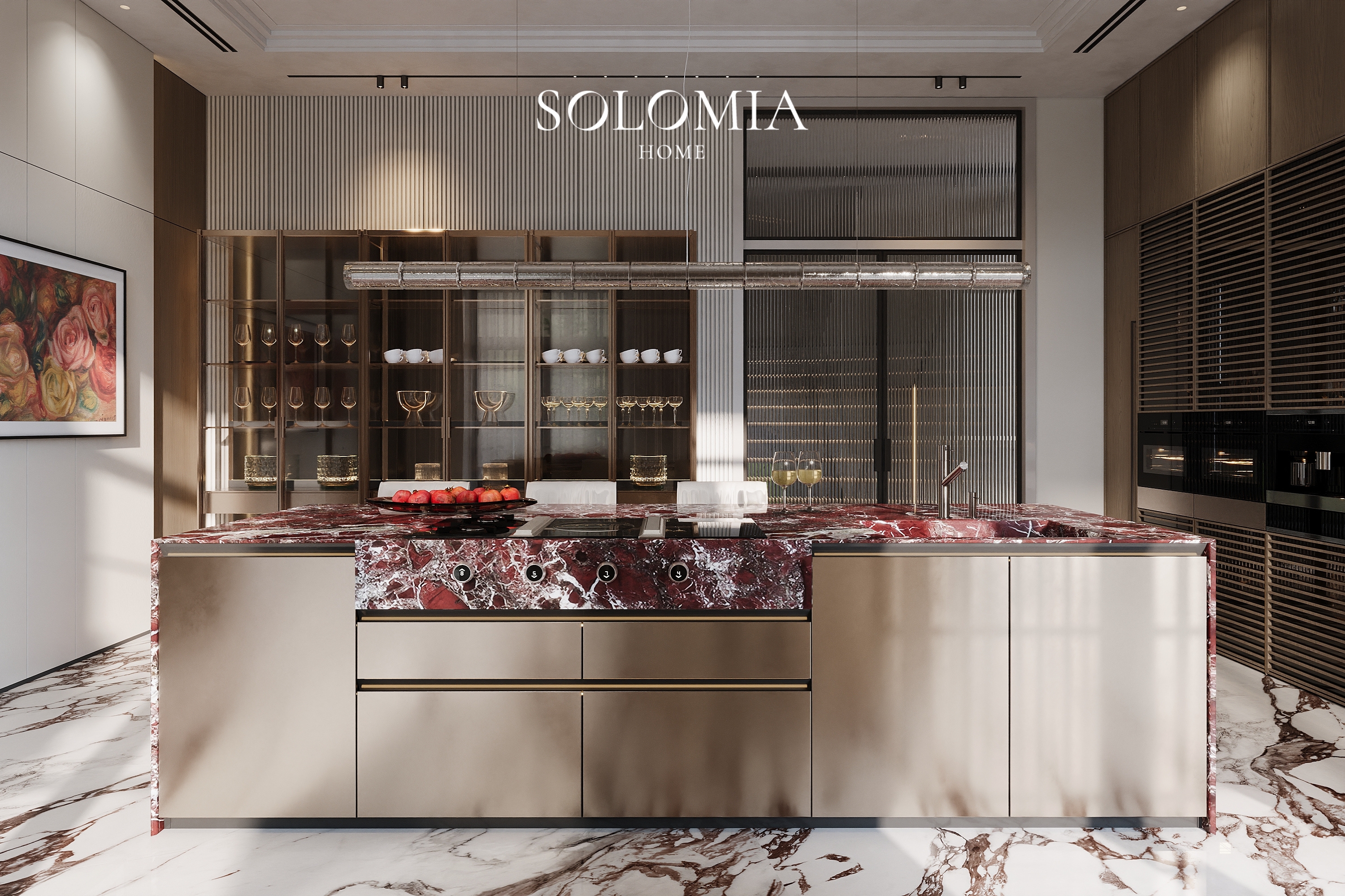 Kitchen with red marble island and glass cabinets, Villa Almaty. Kazakhstan — luxury interior design Almaty