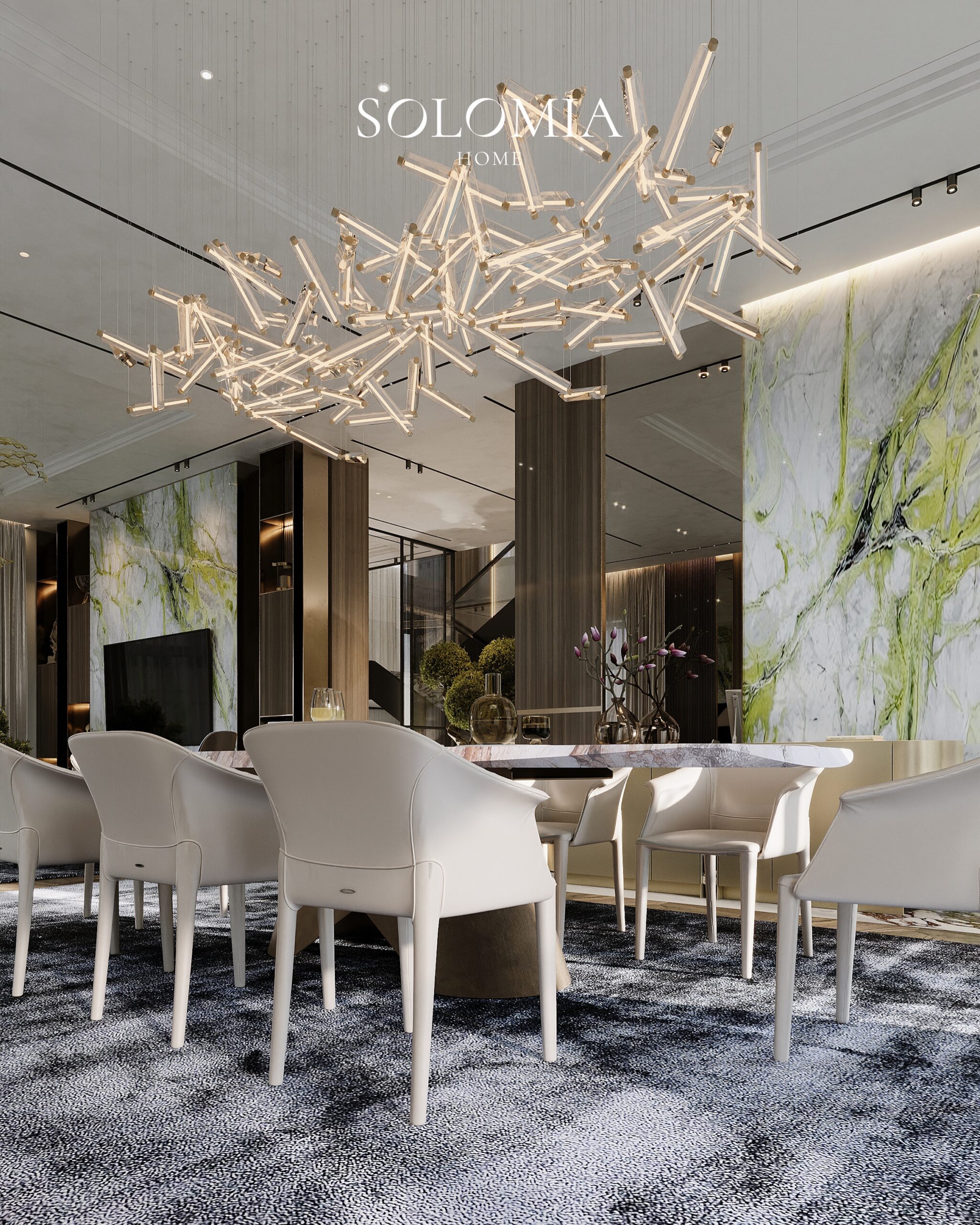 Dining area with branch chandelier, Villa Almaty. Kazakhstan — luxury interior design Almaty