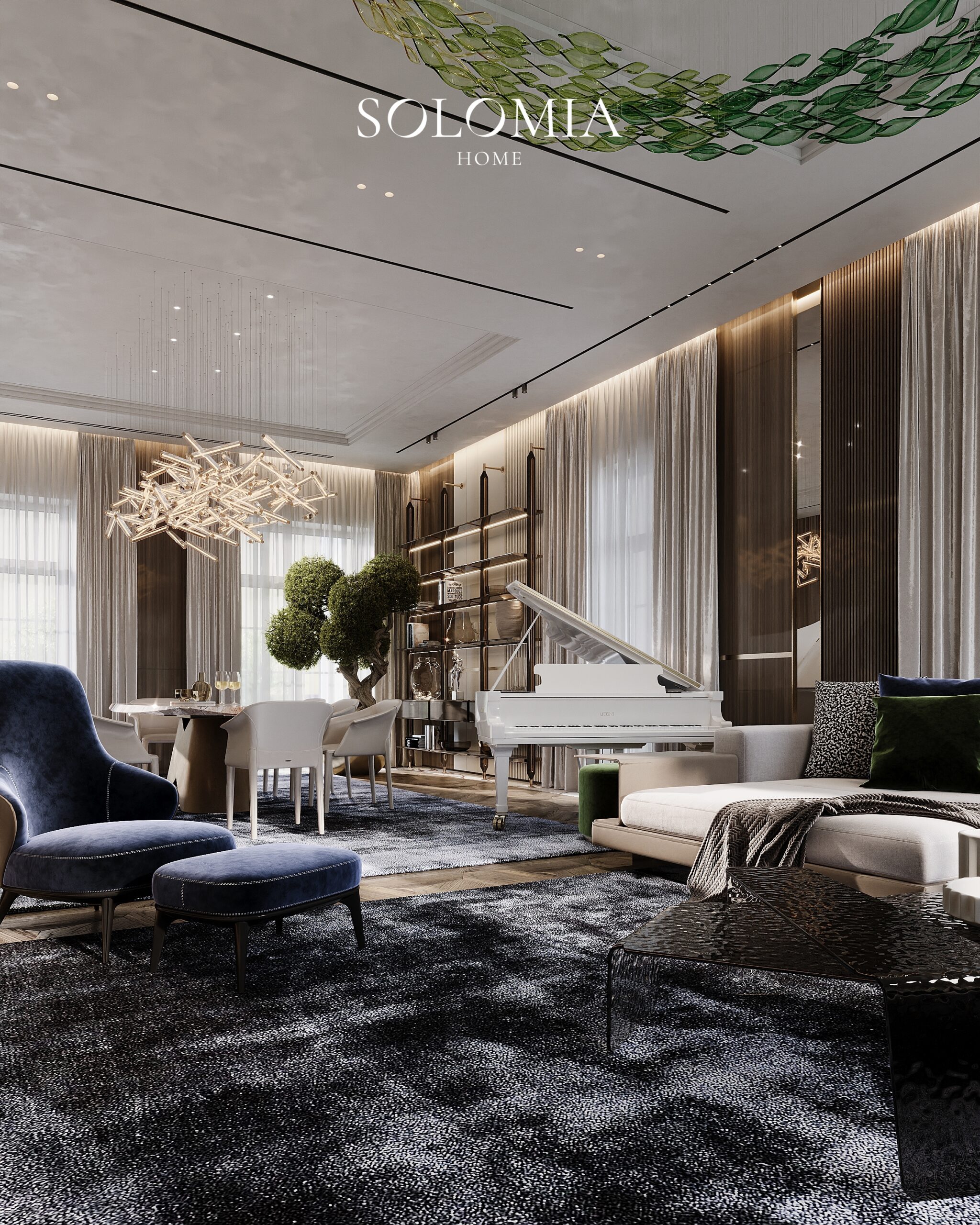 Living room with piano and blue armchairs, Villa Almaty. Kazakhstan — luxury interior design Almaty
