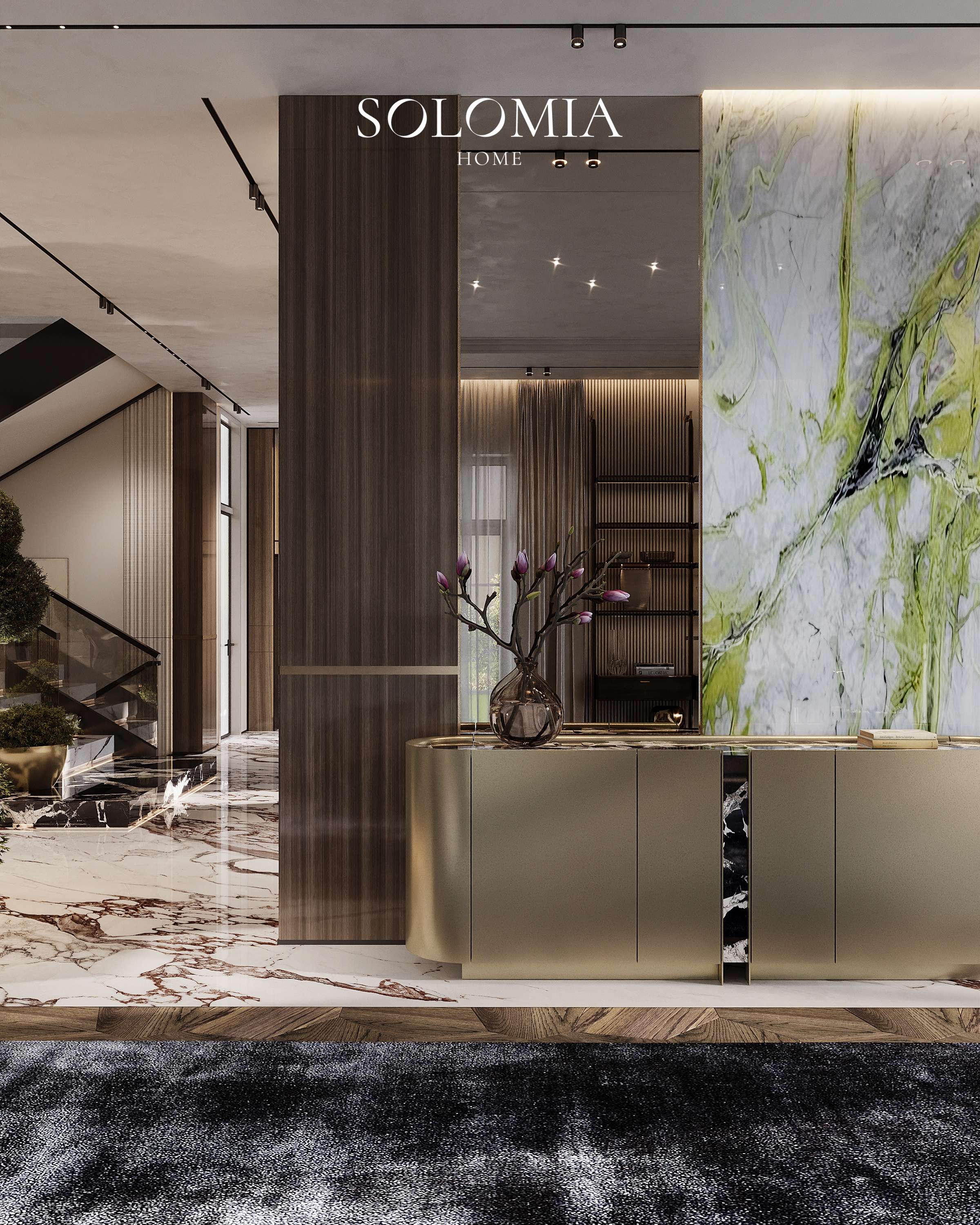 Marble console with green onyx panel, Villa Almaty. Kazakhstan — luxury interior design Almaty