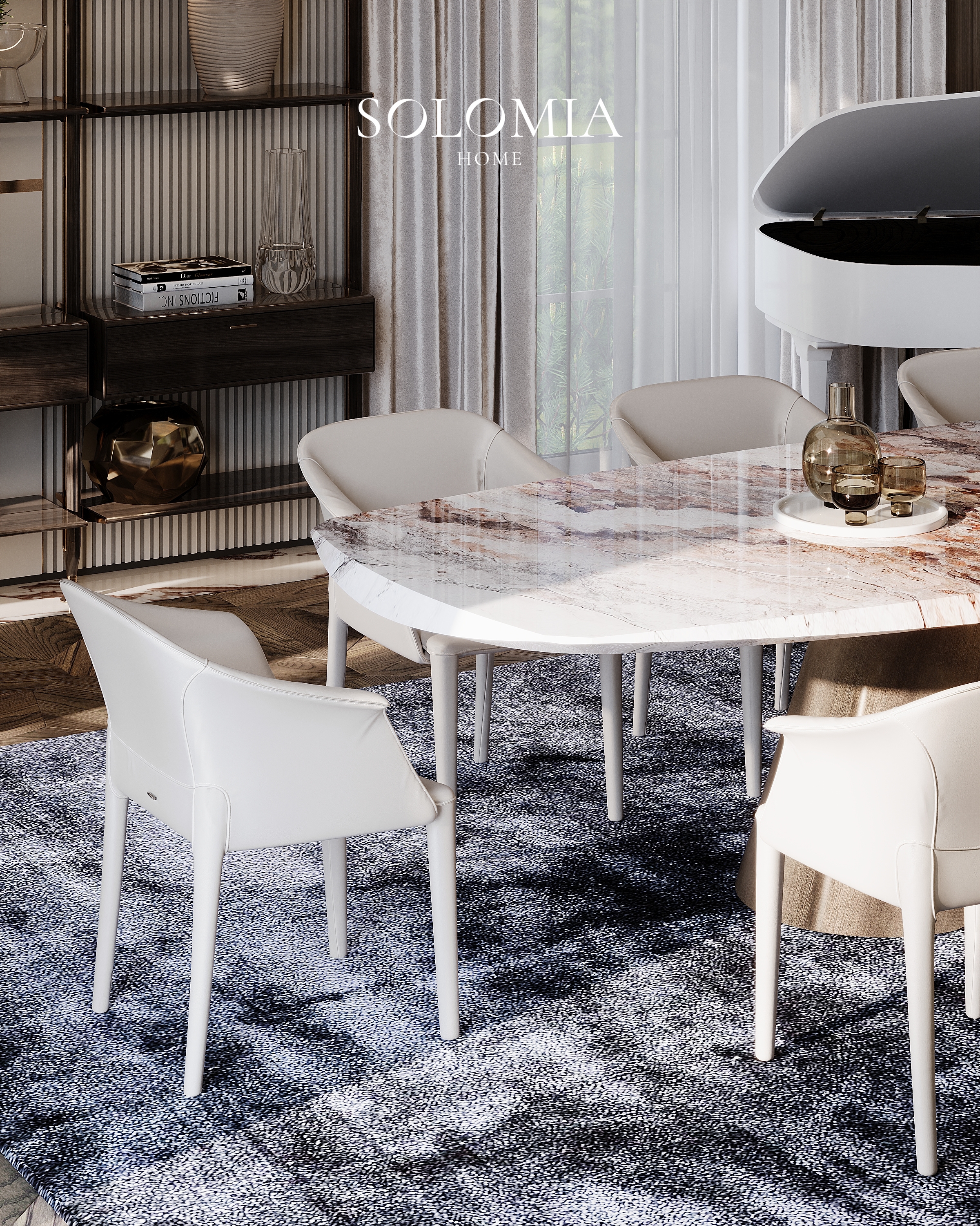 Dining table with white chairs and TV, Villa Almaty. Kazakhstan — luxury interior design Almaty
