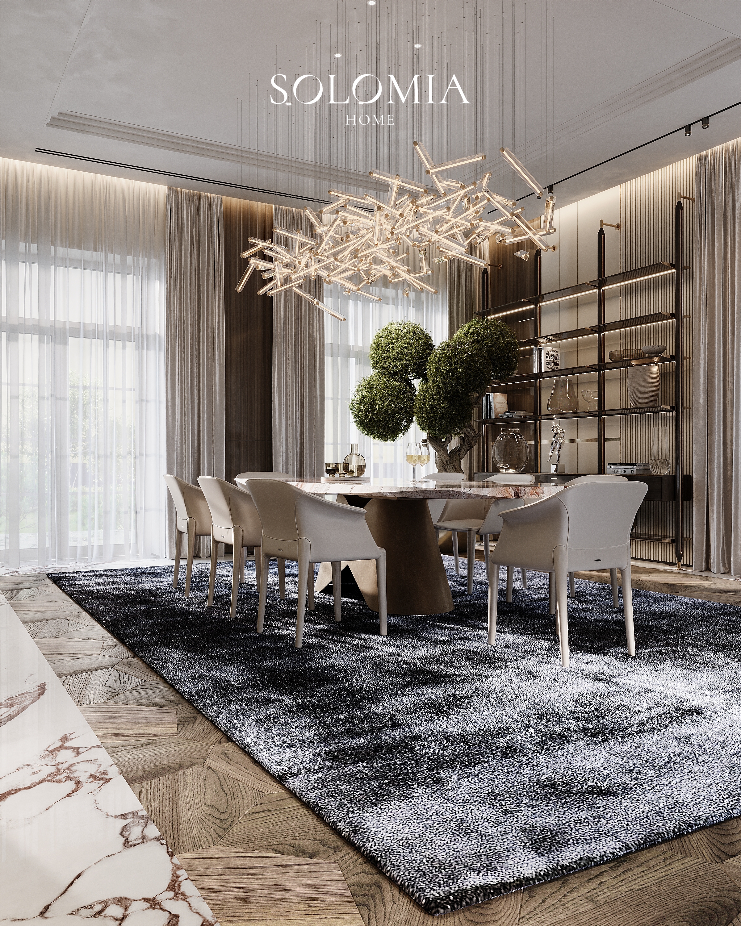 Dining table under a branch chandelier, Villa Almaty. Kazakhstan — luxury interior design Almaty
