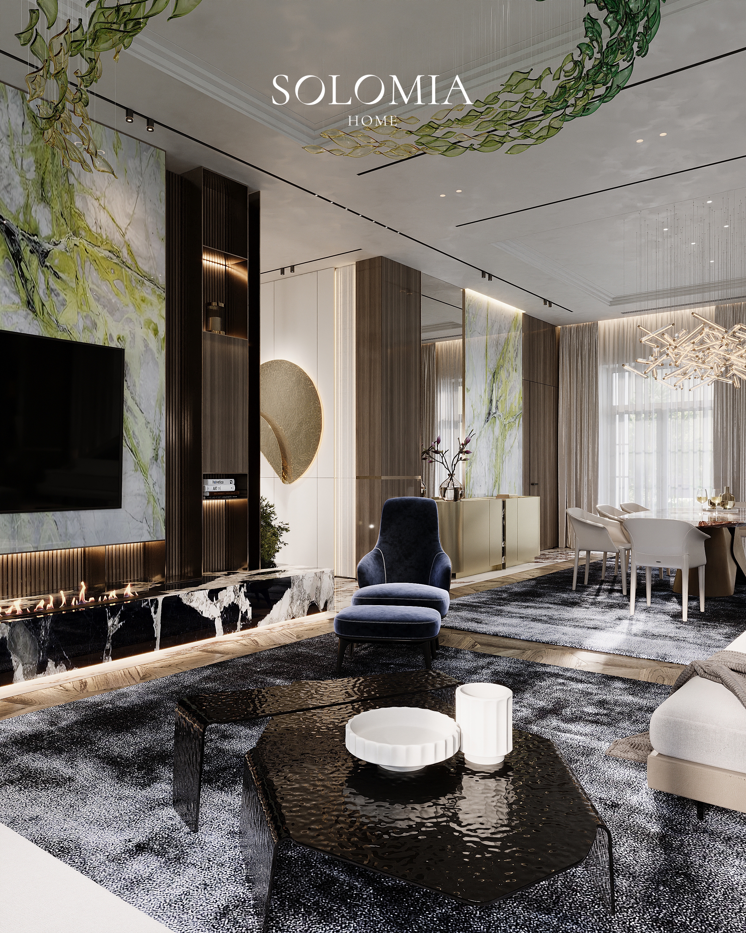 Living room with blue armchairs and fireplace, Villa Almaty. Kazakhstan — luxury interior design Almaty