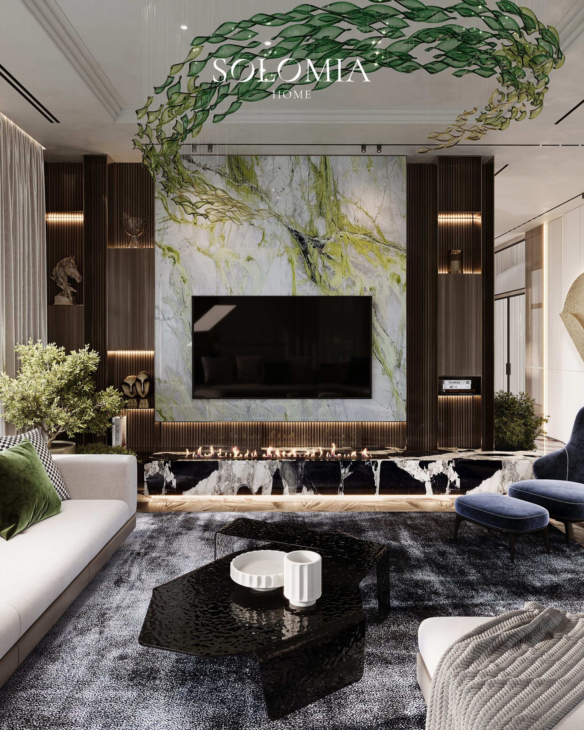 Living room with green glass ceiling sculpture, Villa Almaty. Kazakhstan — luxury interior design Almaty