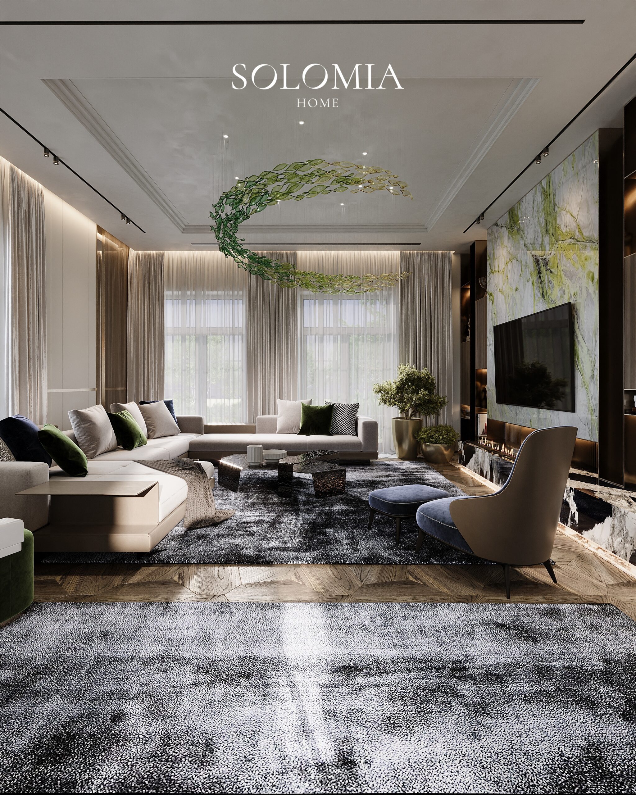 Living room with sofa and green sculpture, Villa Almaty. Kazakhstan — luxury interior design Almaty
