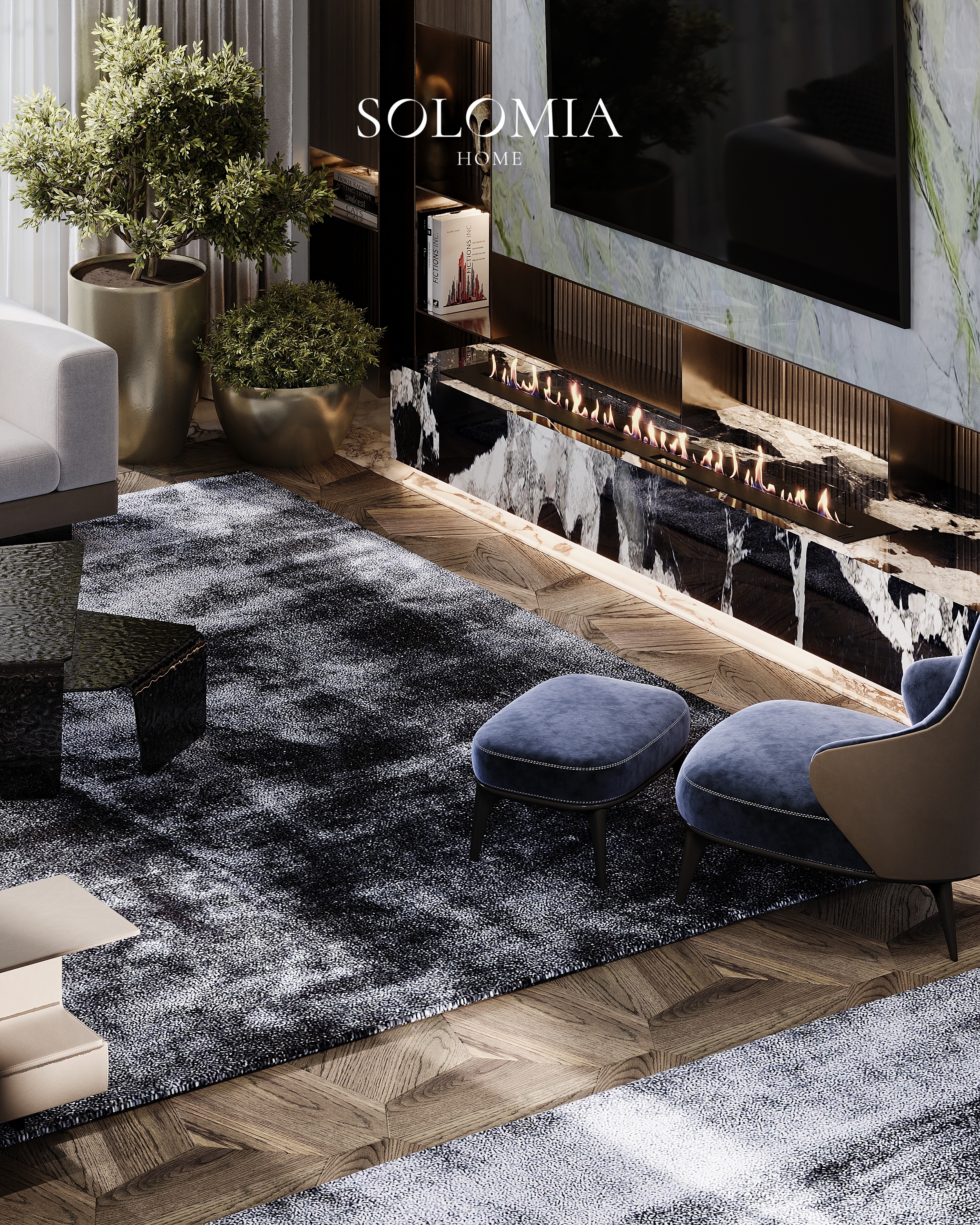 Fireplace with marble panel and blue armchairs, Villa Almaty. Kazakhstan — luxury interior design Almaty