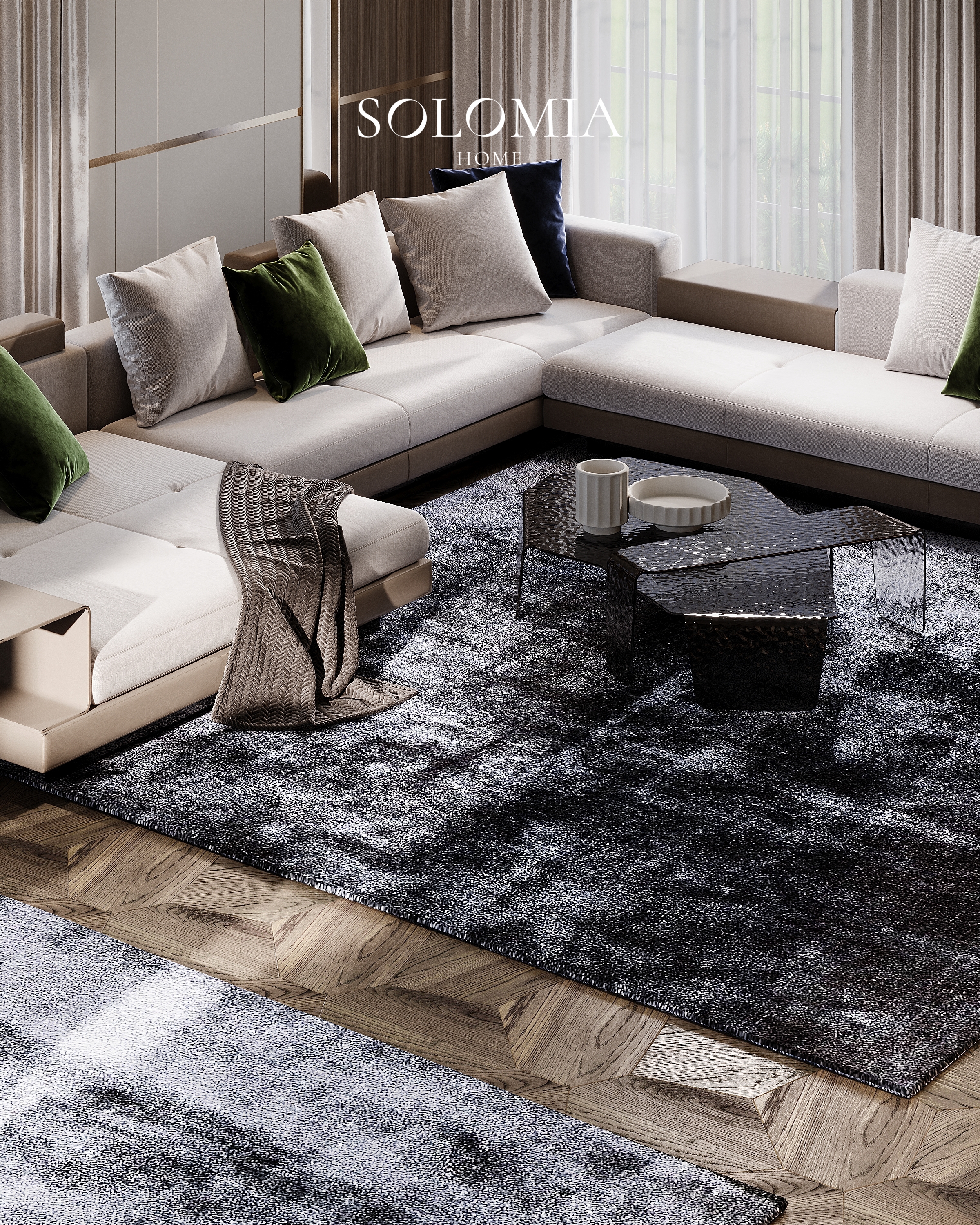 Beige sectional sofa with green cushions, Villa Almaty. Kazakhstan — luxury interior design Almaty