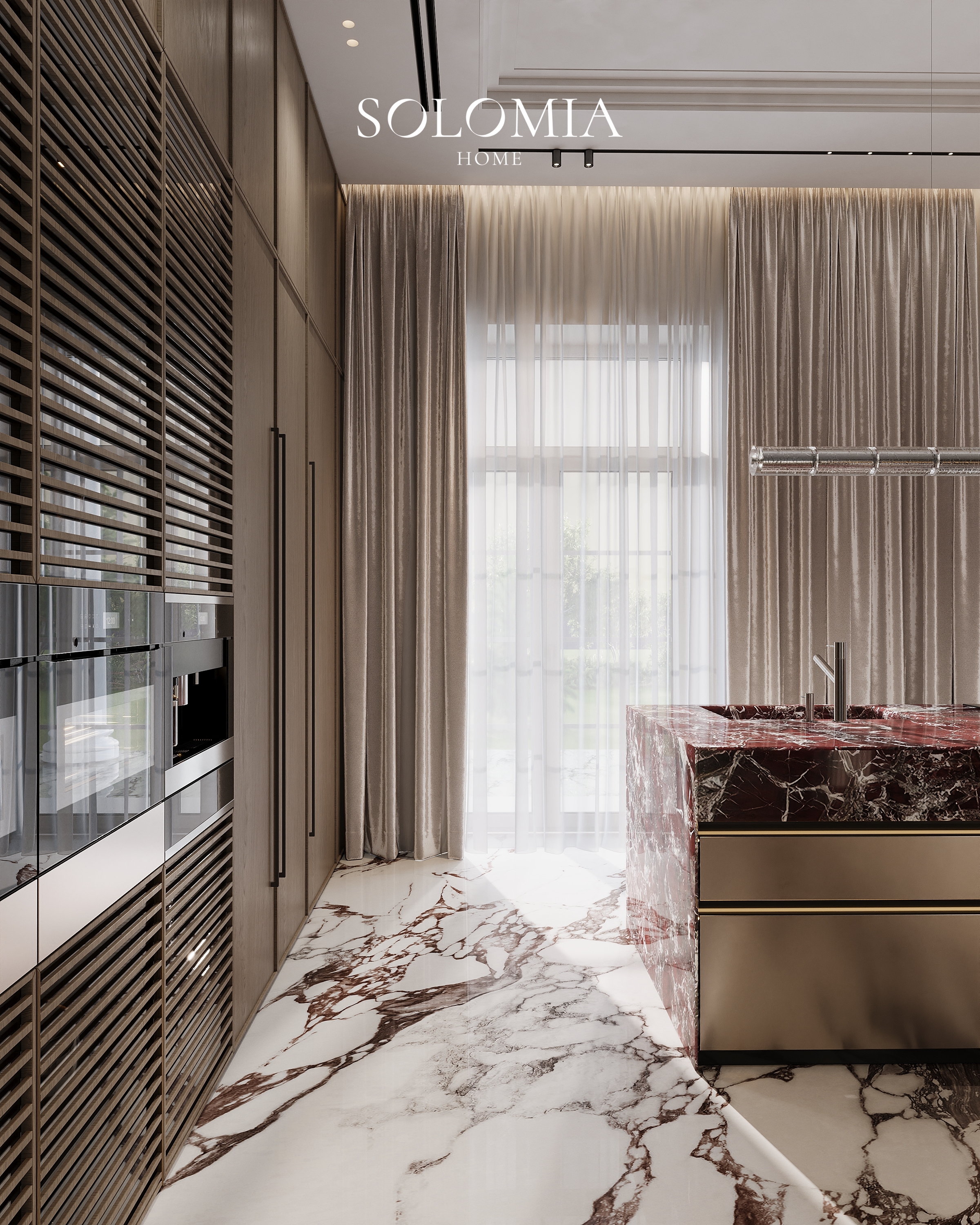 Kitchen with red marble island and window, Villa Almaty. Kazakhstan — luxury interior design Almaty