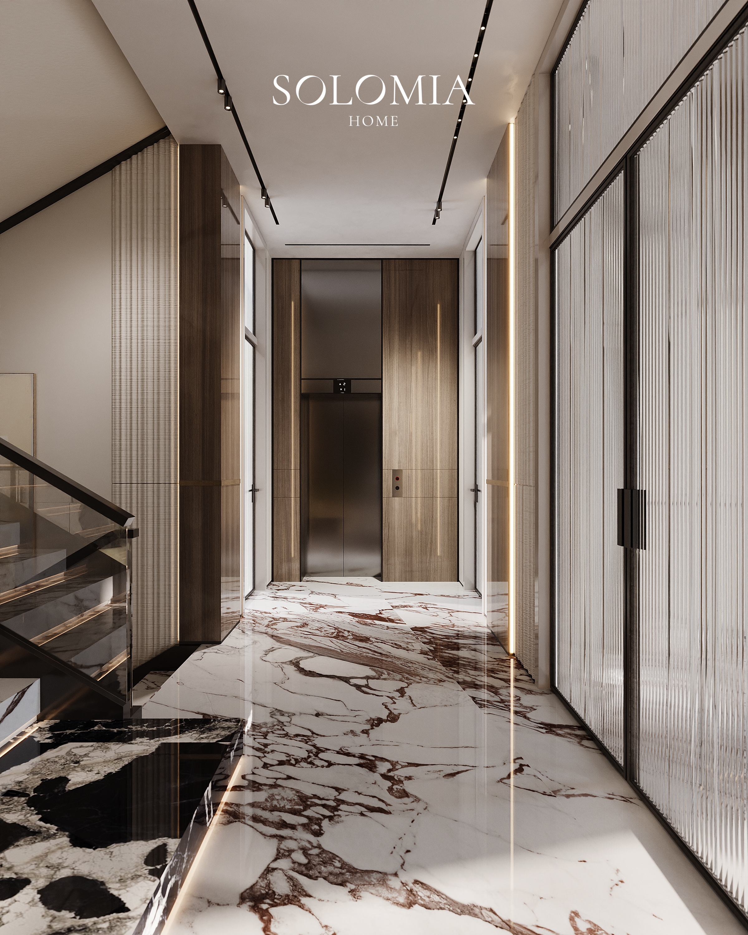 Hall with elevator and marble floor, Villa Almaty. Kazakhstan — luxury interior design Almaty