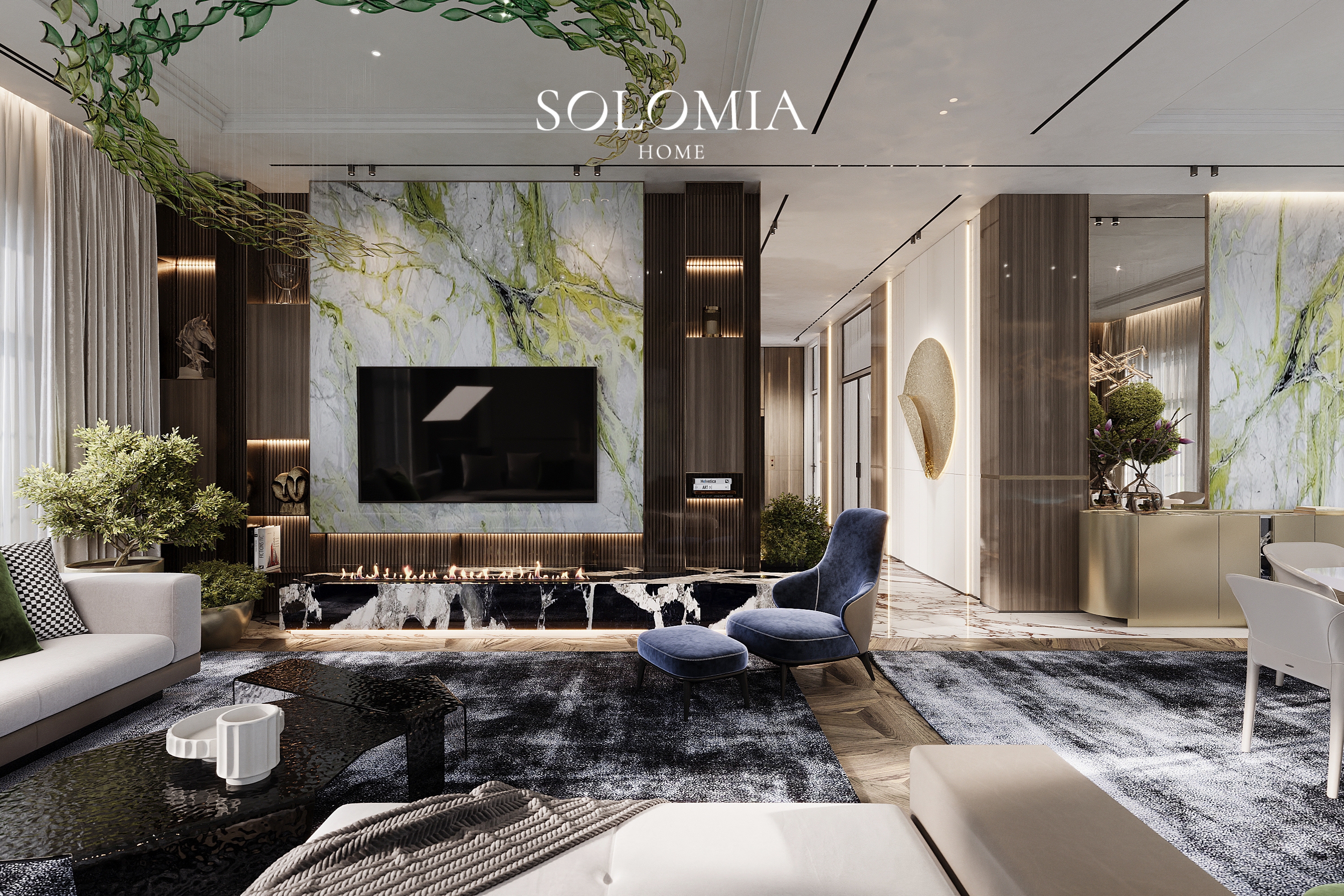 Living room with fireplace and blue armchairs, Villa Almaty. Kazakhstan — luxury interior design Almaty